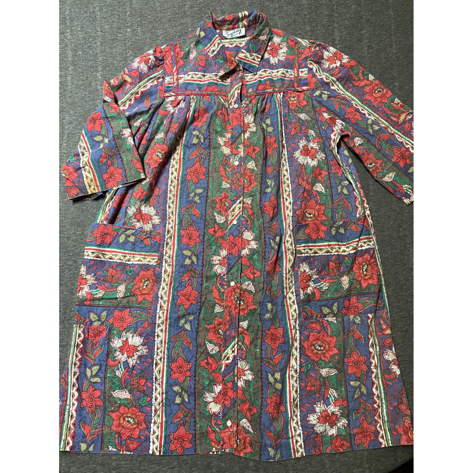 Vintage Saybury Floral Batik Duster House Dress Red Blue Green Snap Front Large