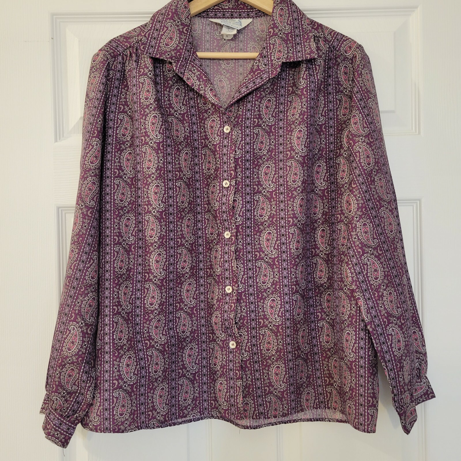 Vintage 70s Cape Cod Match Mates Floral Purple Print Blouse, Size 16