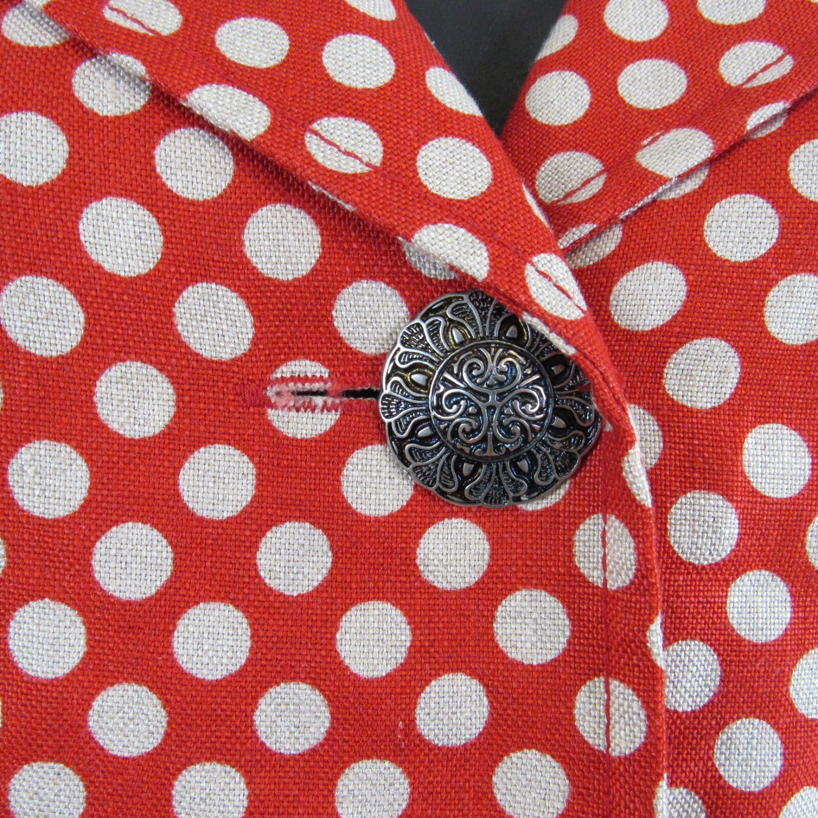 100% Linen Women’s Shirt Short Sleeve Red White Polka Dot Career Business Casual