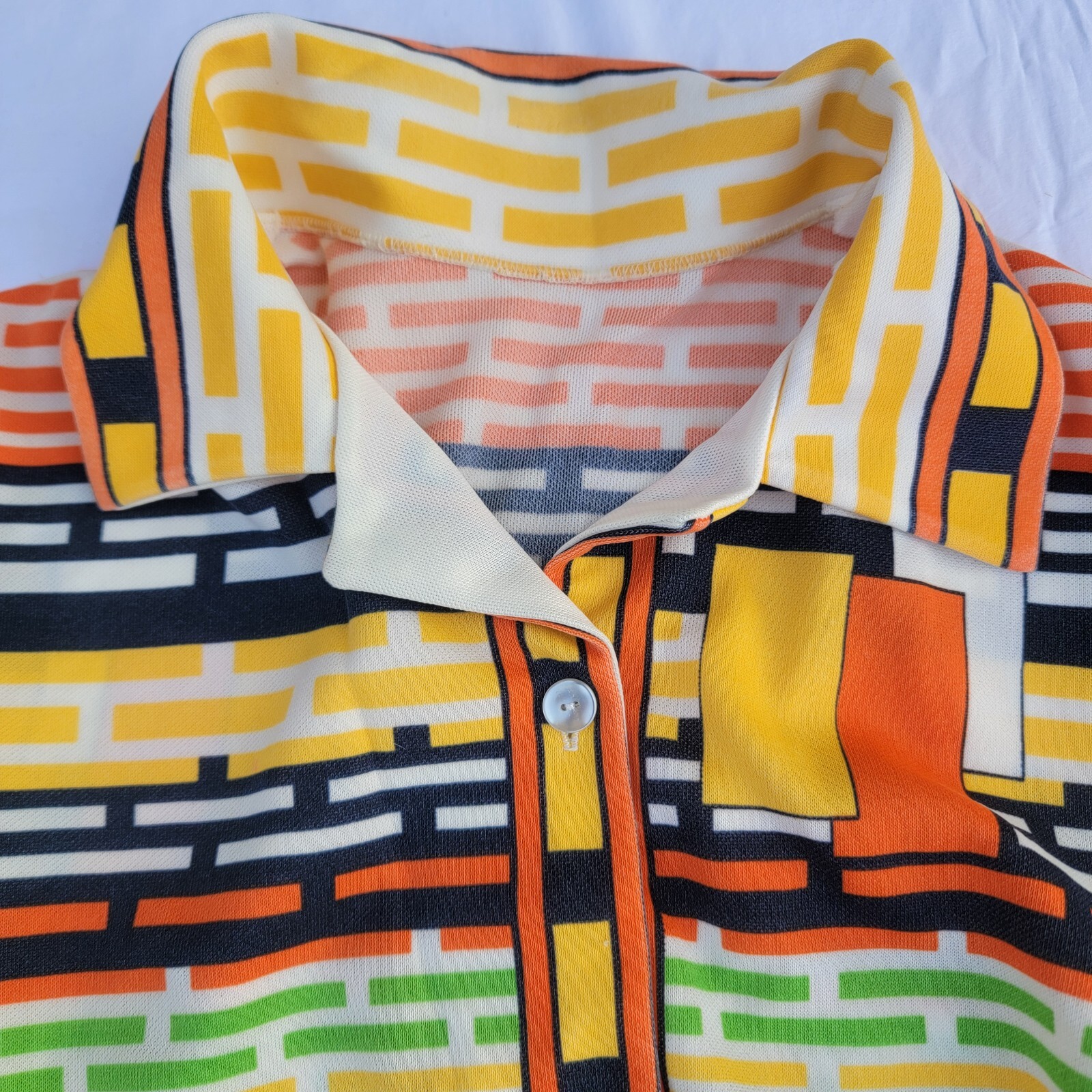 Vintage Polyester Top, Bright Geometric Rectangle Print, Green Orange Brown