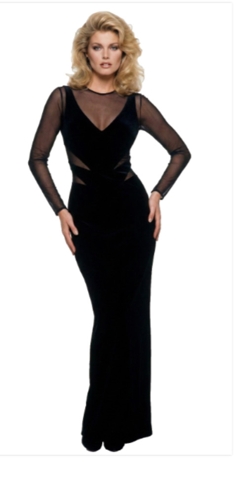 Tadashi VTG 1980s Long Black Evening Dress Sheer Cutouts Mob Wife Disco Glam M