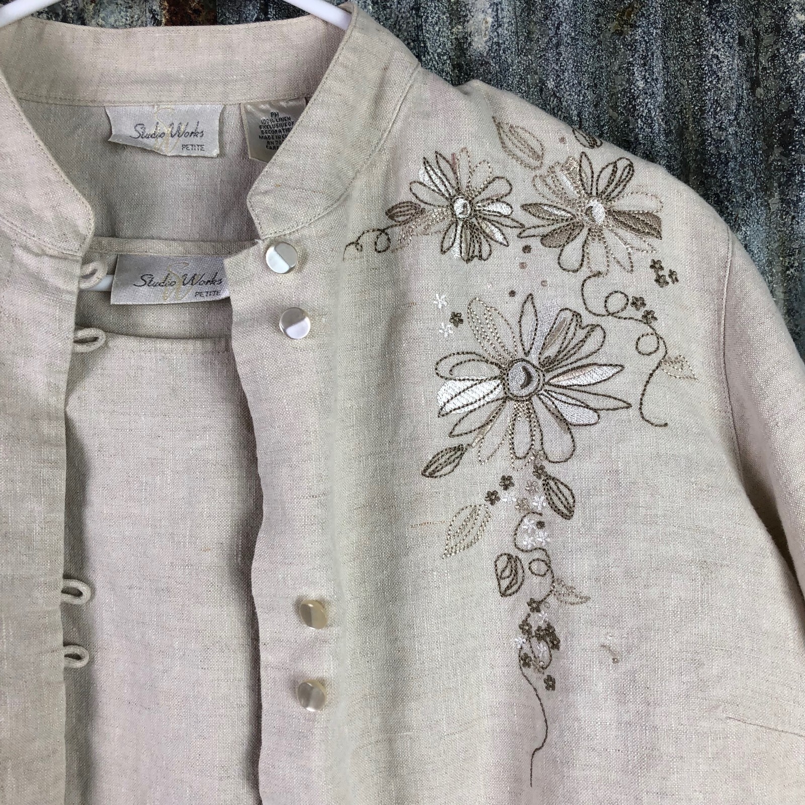 Studio Works Dress + Jacket Oatmeal Linen Womens M/L Embroidered Secretary