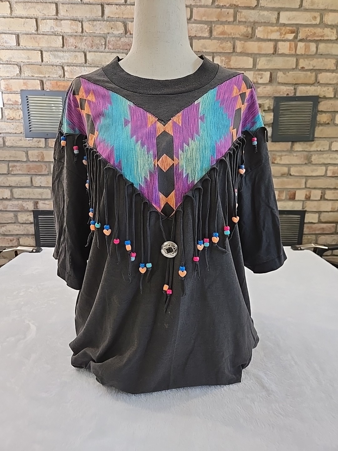Screen Stars Best Vtg 90s Aztec Fringe Beaded Tshirt Unisex Sz 2XL Single Stitch