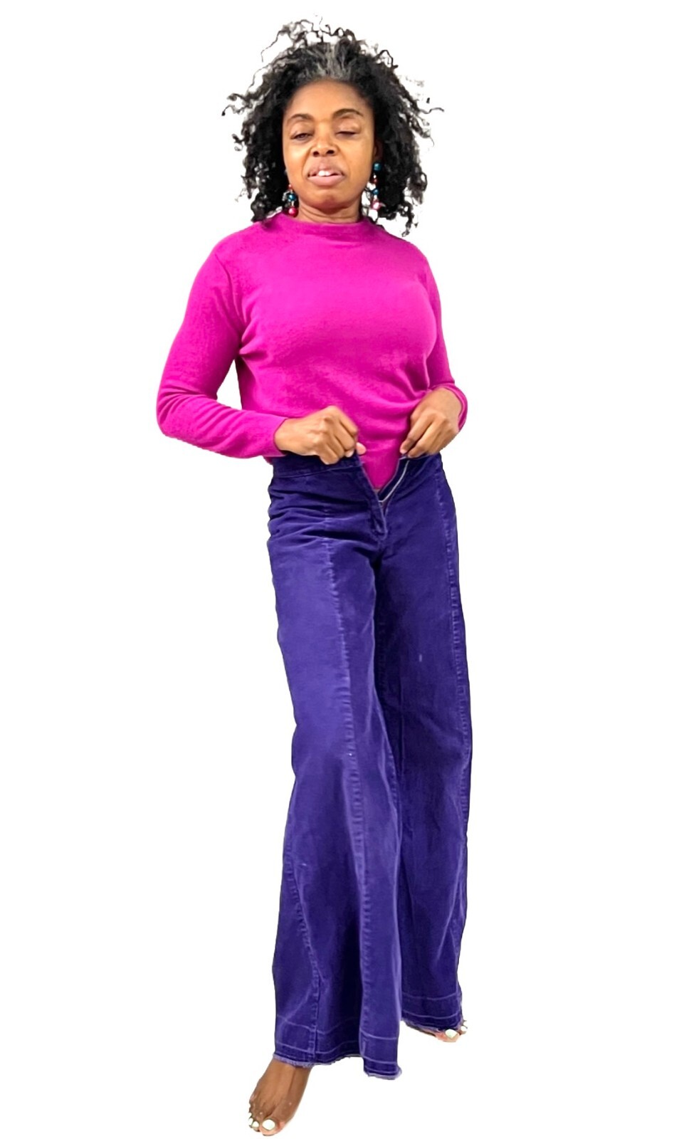 VTG 70s Purple Corduroy Bell Bottom Pants Wide Leg Low Rise Hip Hugger 28×31 XS