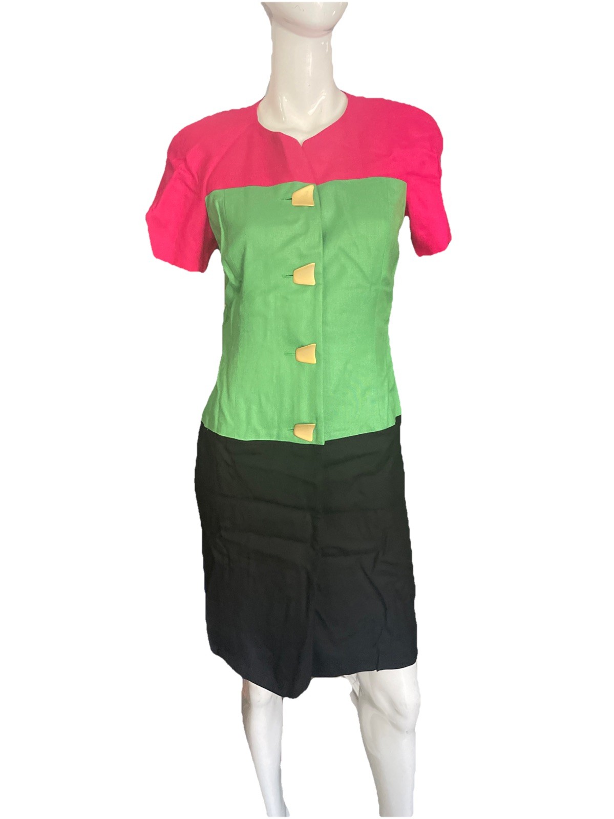 Vintage CONSTANCE SAUNDERS color block dress SZ P 8 Rare Buttons