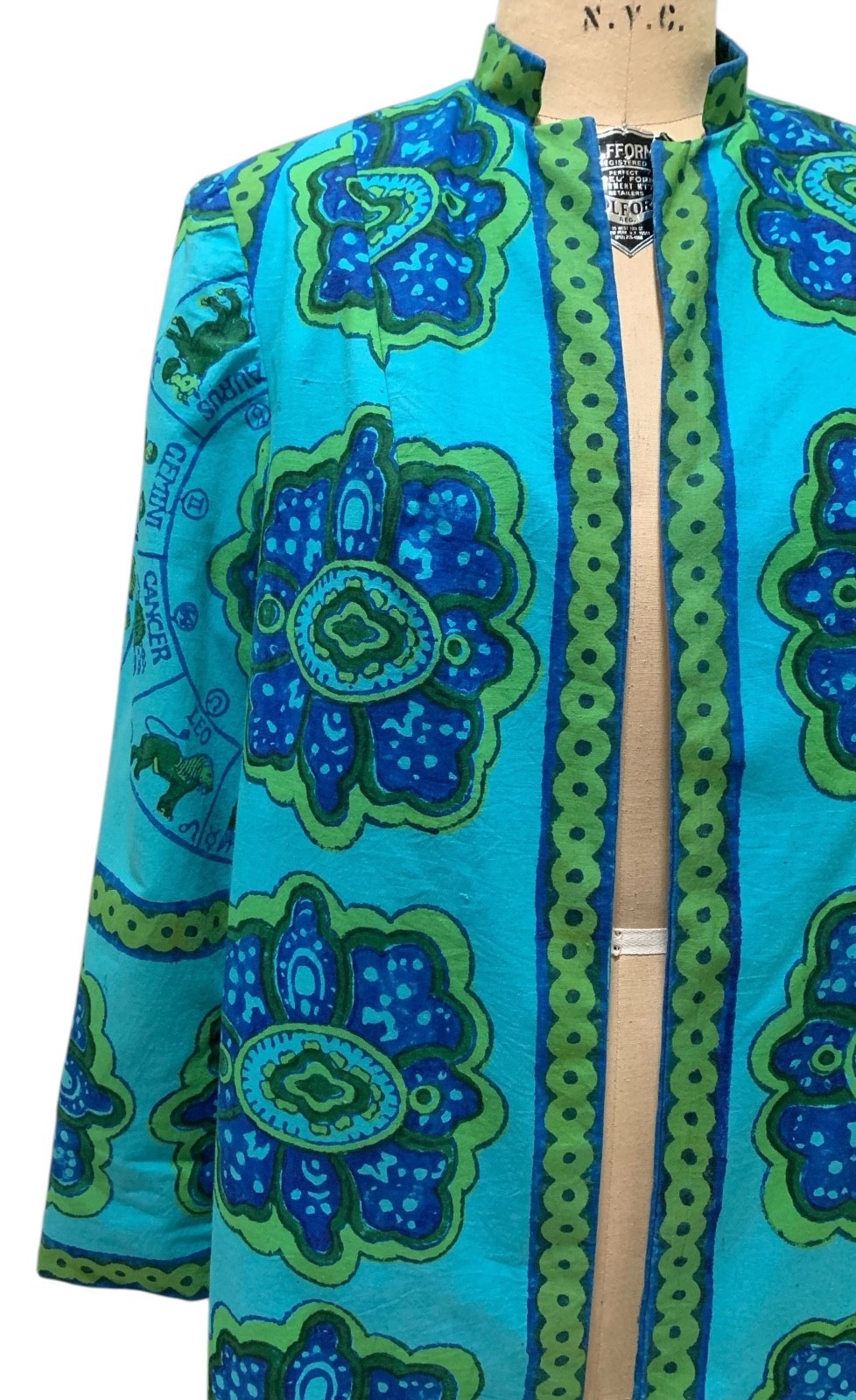 Vintage 60s Women’s ZODIAC PRINT Open Front Cotton Coat Dress Topper – Sz M/L