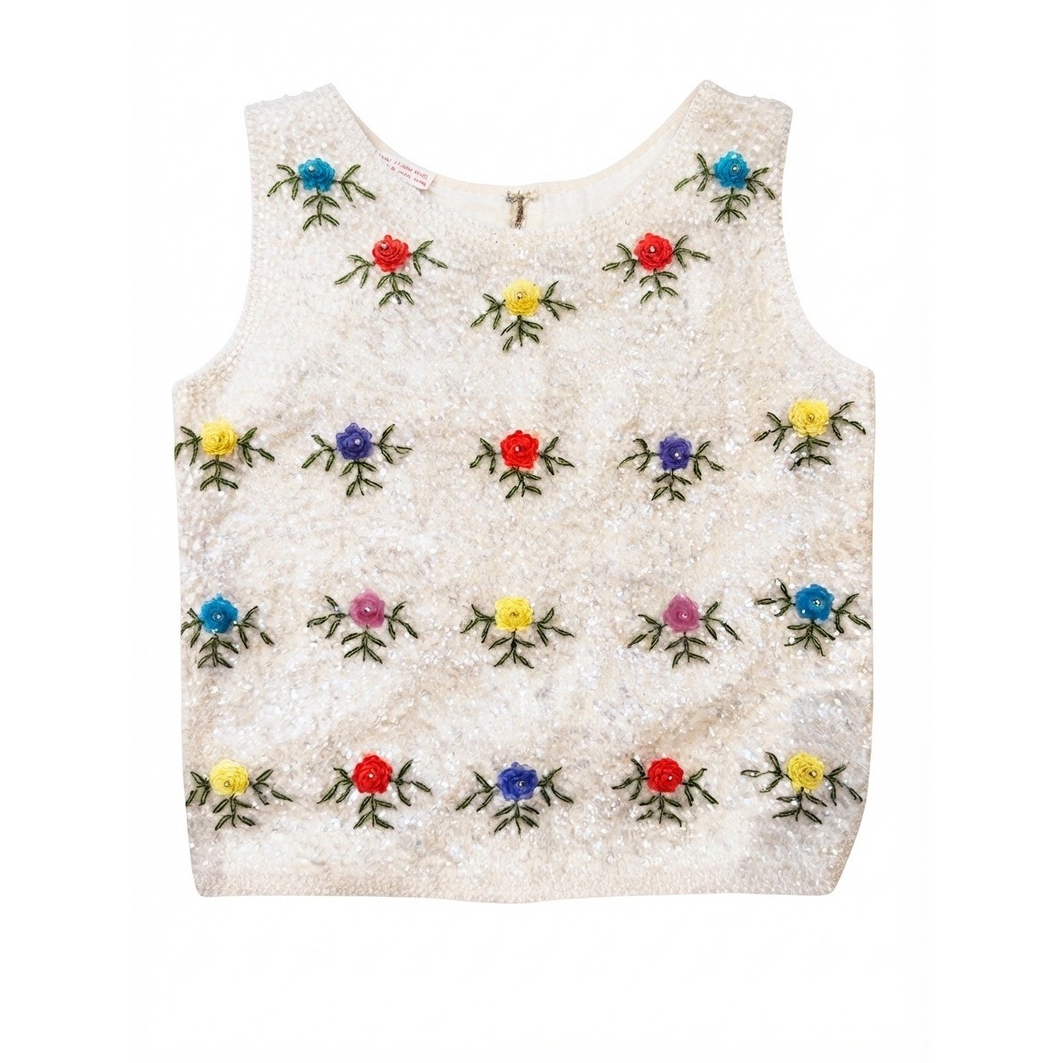 Vintage 60s Stephen Chu Beaded Sequin Lamb’s Wool Floral Ivory Vest
