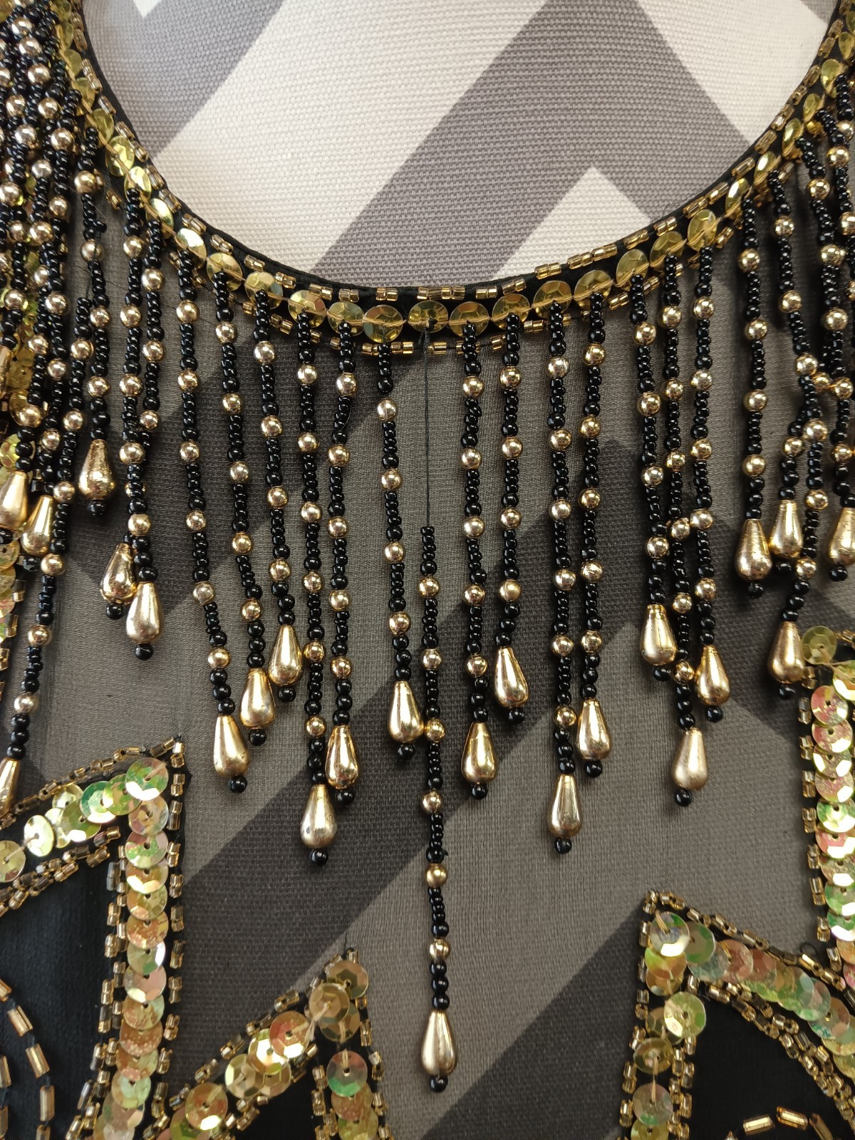 Lillie Rubin Vintage Black Gold Beaded Sequin Semi-Open Back Silk Dress Size 6