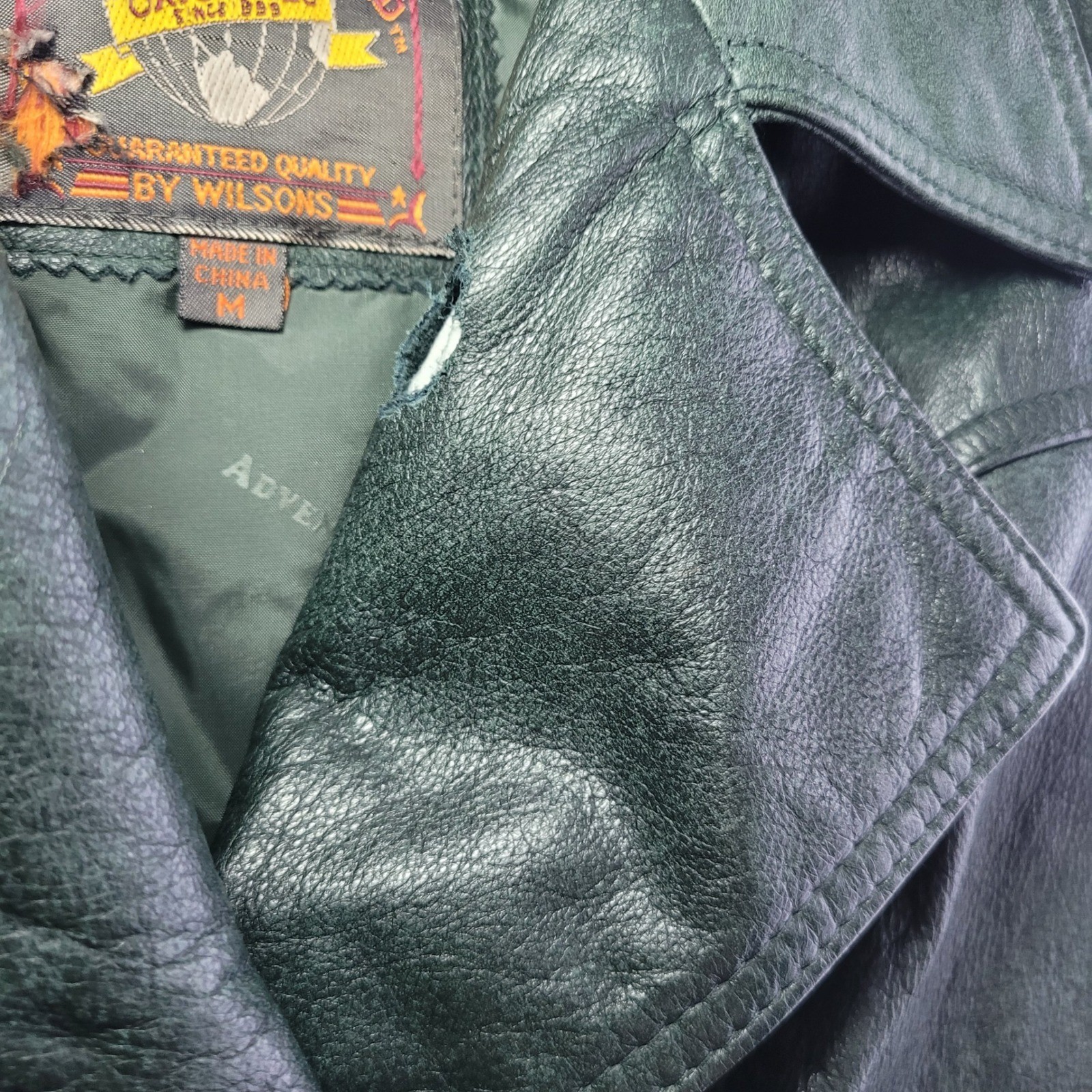 Vintage Adventure Bound Wilson’s dark green leather bomber jacket thinsulate