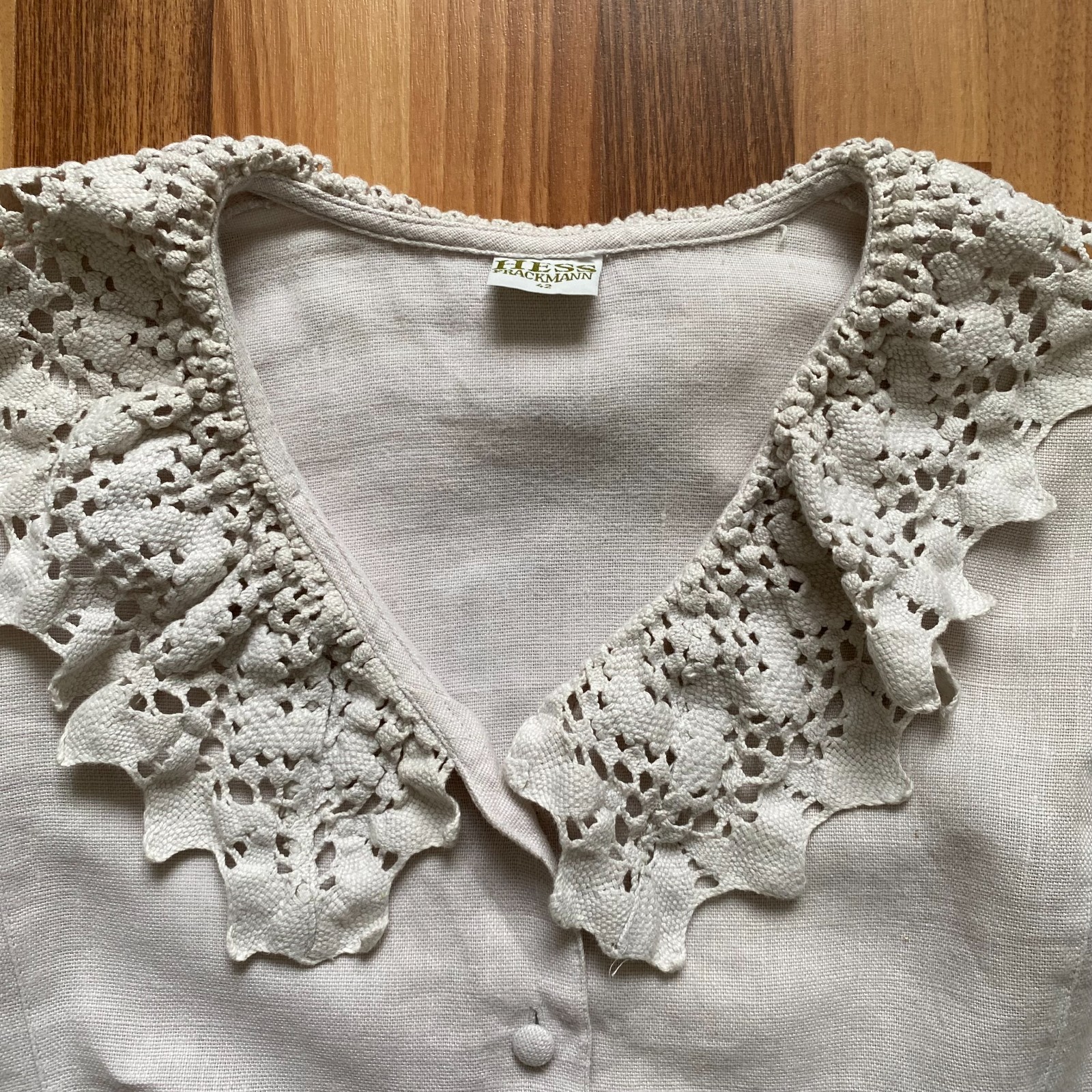HESS FRACKMANN Linen Blouse Button Front Peasant Folk Edwardian Puff Sleeves 42