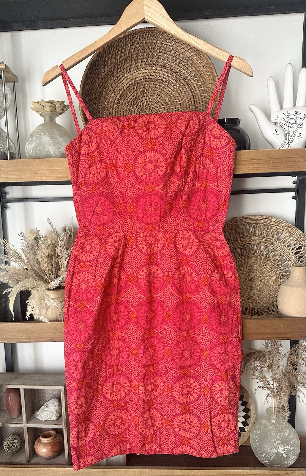 Vintage Handmade Size Small Day Glow Red Pink Geometric Mini Dress