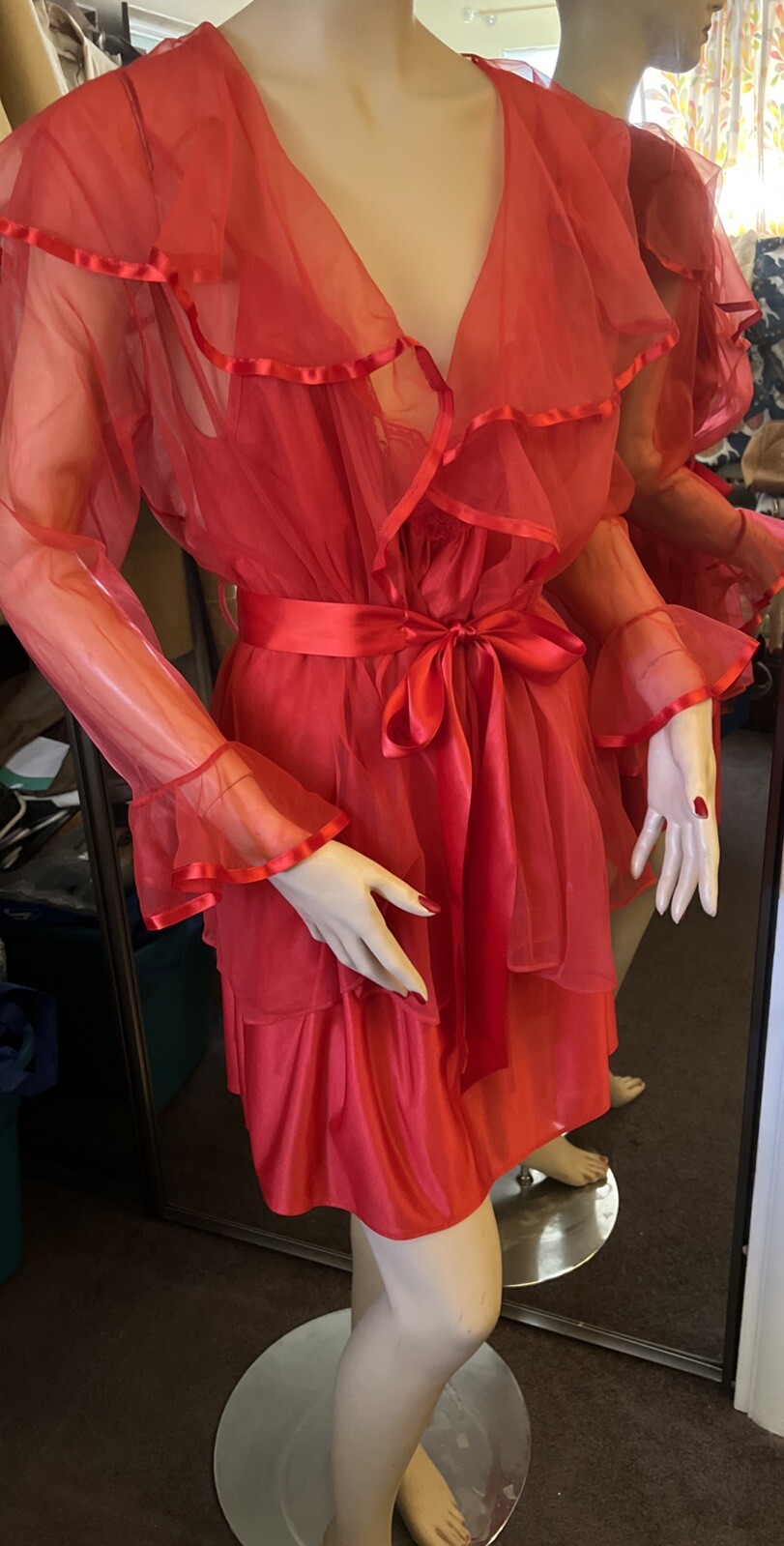 Vtg Heather Nicole Red 100% Nylon Chiffon Peignoir Robe Nightgown Set Negligee L