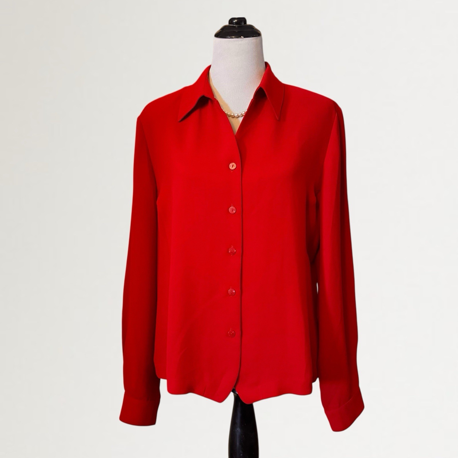 VTG 80s Liz Baker Red Blouse Career Polyester Sz 18 Long Sleeve Button-Up, Cuffs