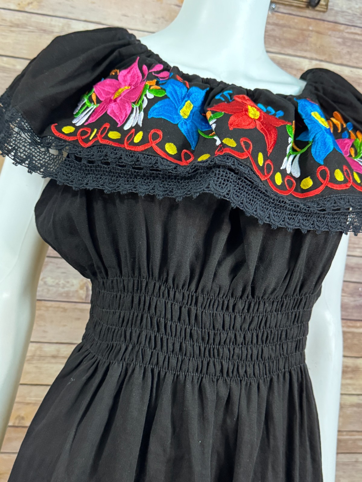 VTG 80s Hand Embroider Mexican Boho Peasant Dress Black Floral Off Shoulder L/XL