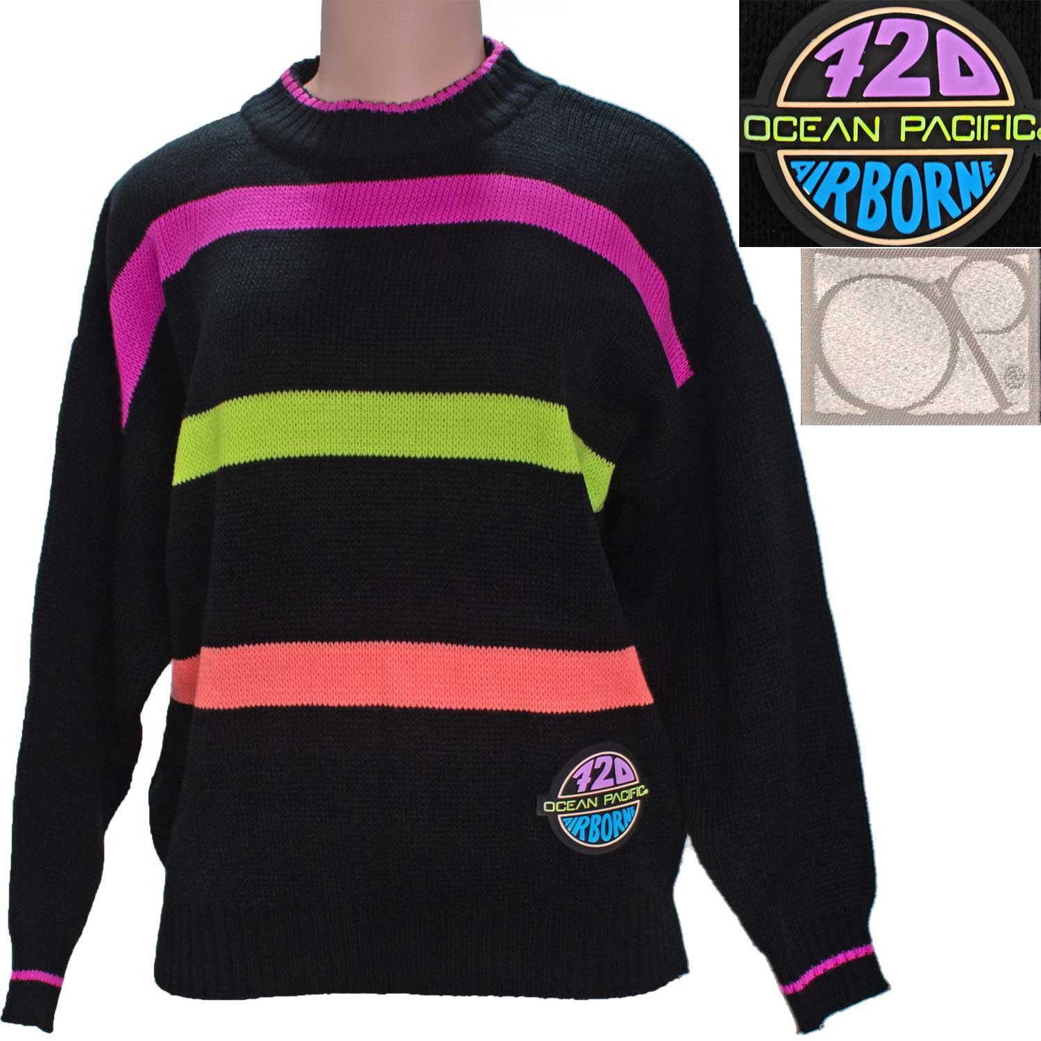 1980s Vintage Sweater Neon Stripe OP Ocean Pacific 720 Airborne Vinyl Patch L