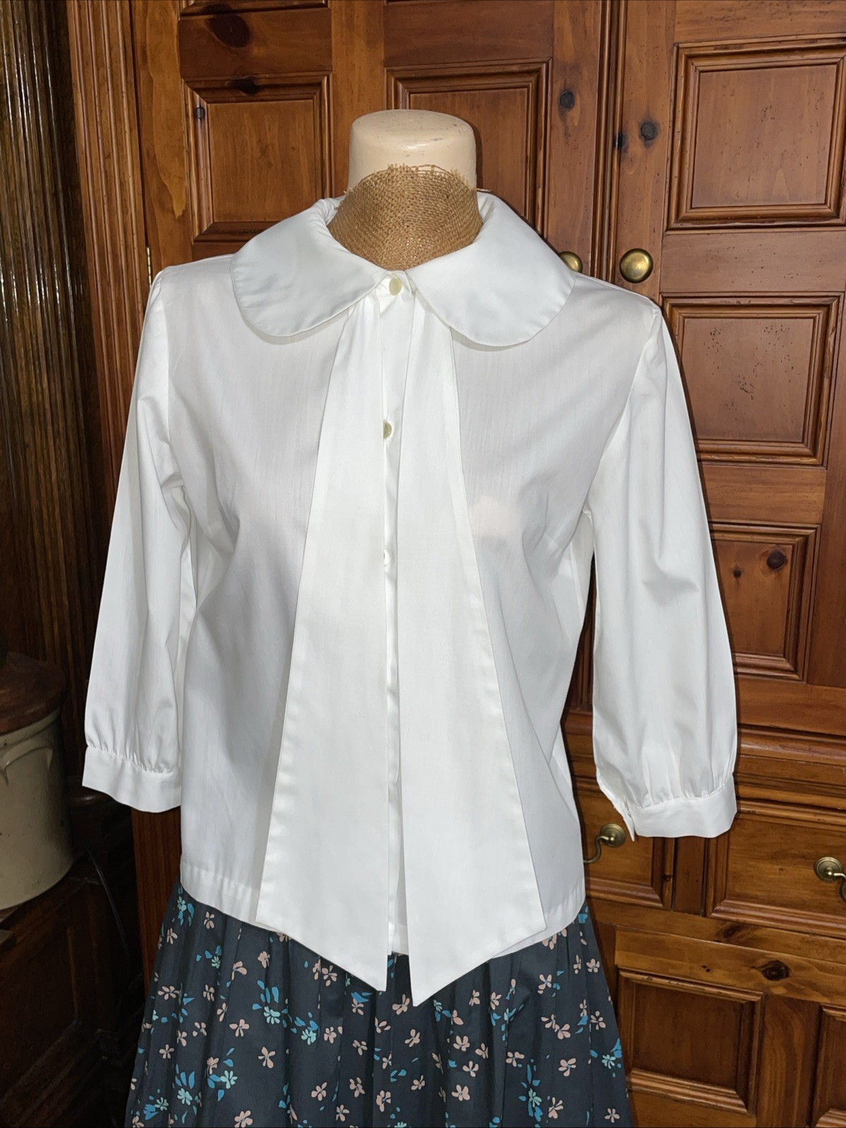 Vintage Sybil White 3/4 Sleeve Blouse Round Collar Detachable Sash Tie Front