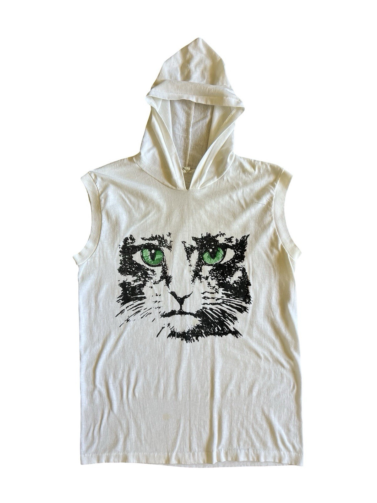 VTG Rare 80s Single-Stitch Hooded Green-Eyed Cat White Muscle Tank Kitschy Retro