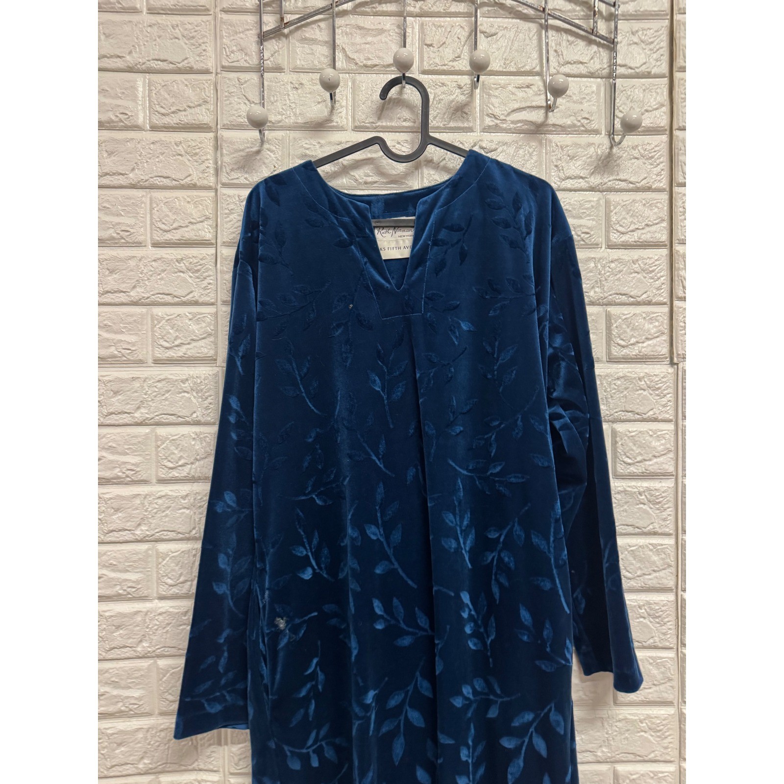 Ruth Norman Saks Fifth Avenue Vintage Navy Blue Velvet Leaf Maxi Dress Caftan