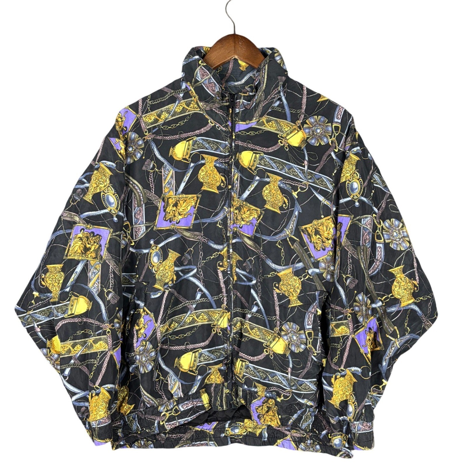 Vintage Pan Asia Silk Windbreaker Jacket Medium Baroque Gold Chain Print Black