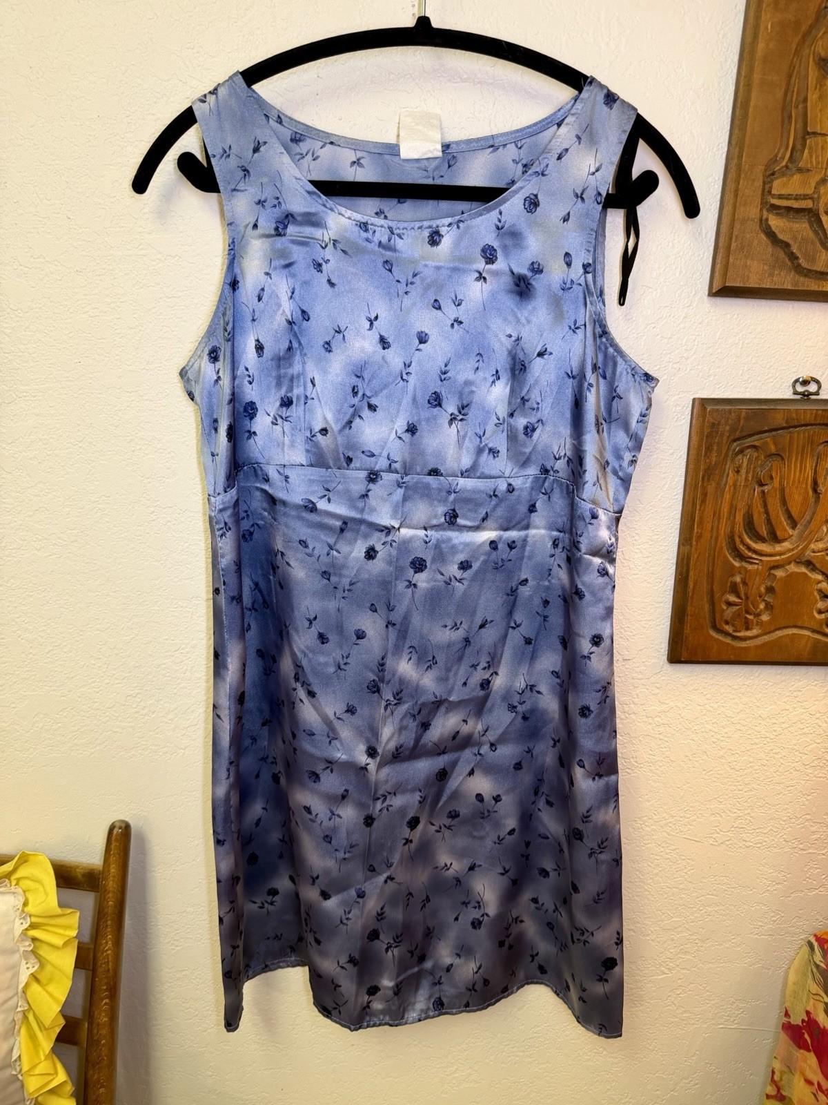 VTG Y2K 90s Cottage Romantic Blue Floral Satin Empire Bust Sleeveless Dress 5/6