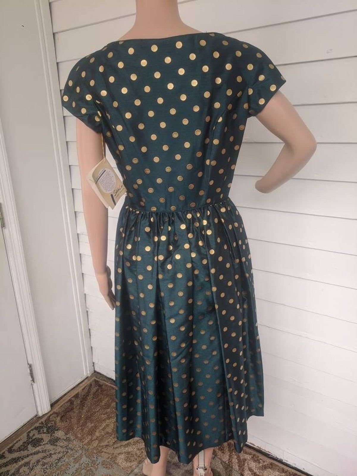 50s Dark Green Gold Polka Dot Dress Vintage Shirley Lee S M 36 28 New Old Stock
