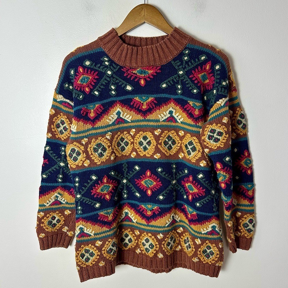 Vintage Paul Harris Brown Navy Boho Folk Tapestry Knit Sweater Small Indie 90s