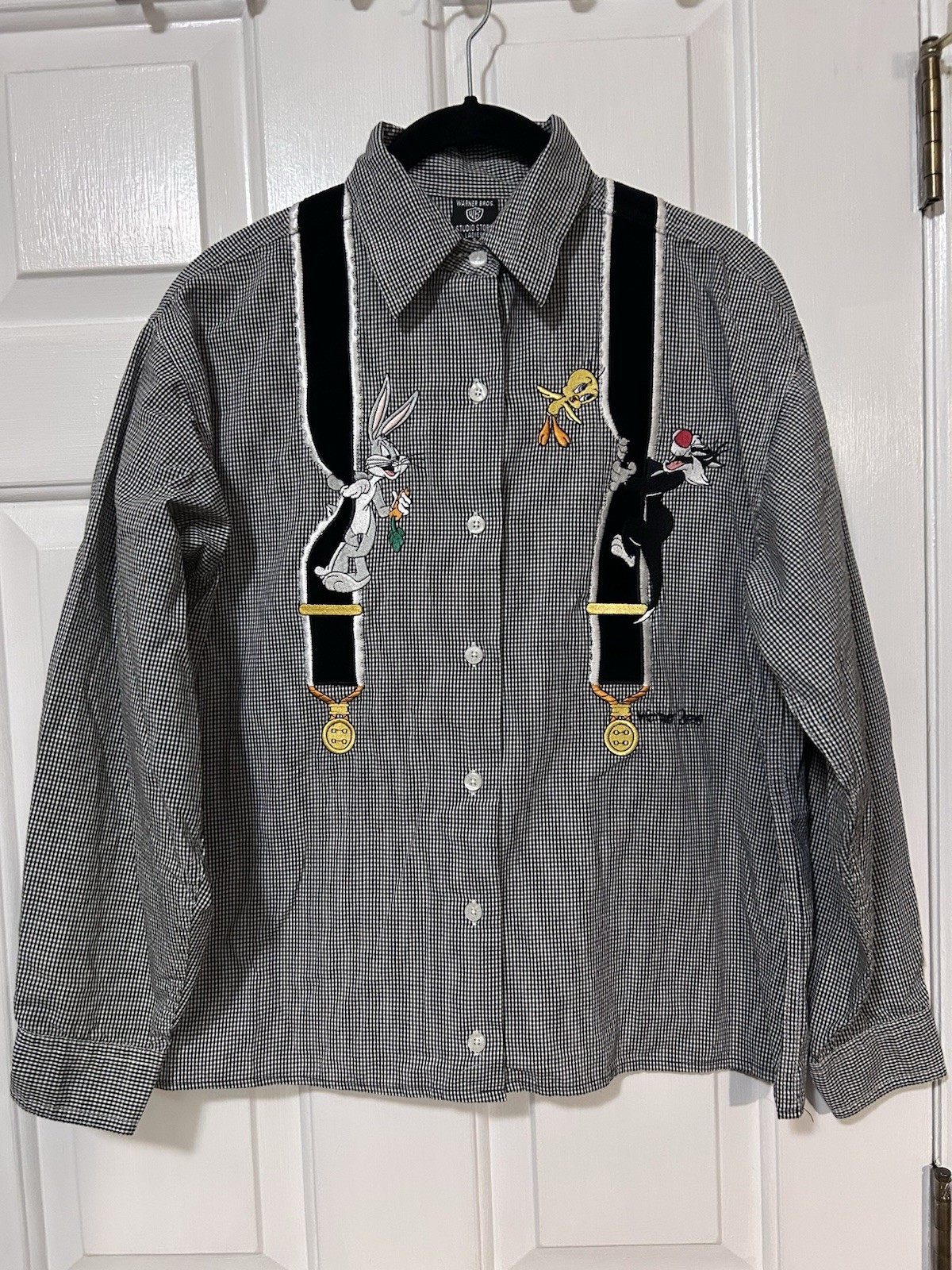 Vintage 90s Warner Bros Looney Tunes Shirt Black White Gingham Faux Suspenders