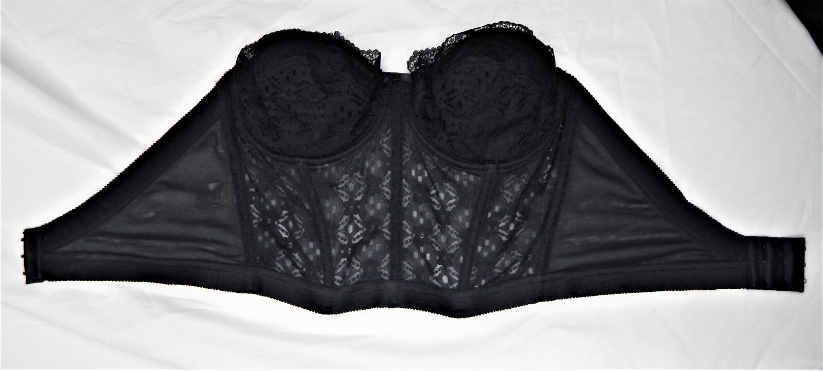 VTG Sears Black Lace Longline Padded Strapless Wire Bra 38C Low Plunging Back