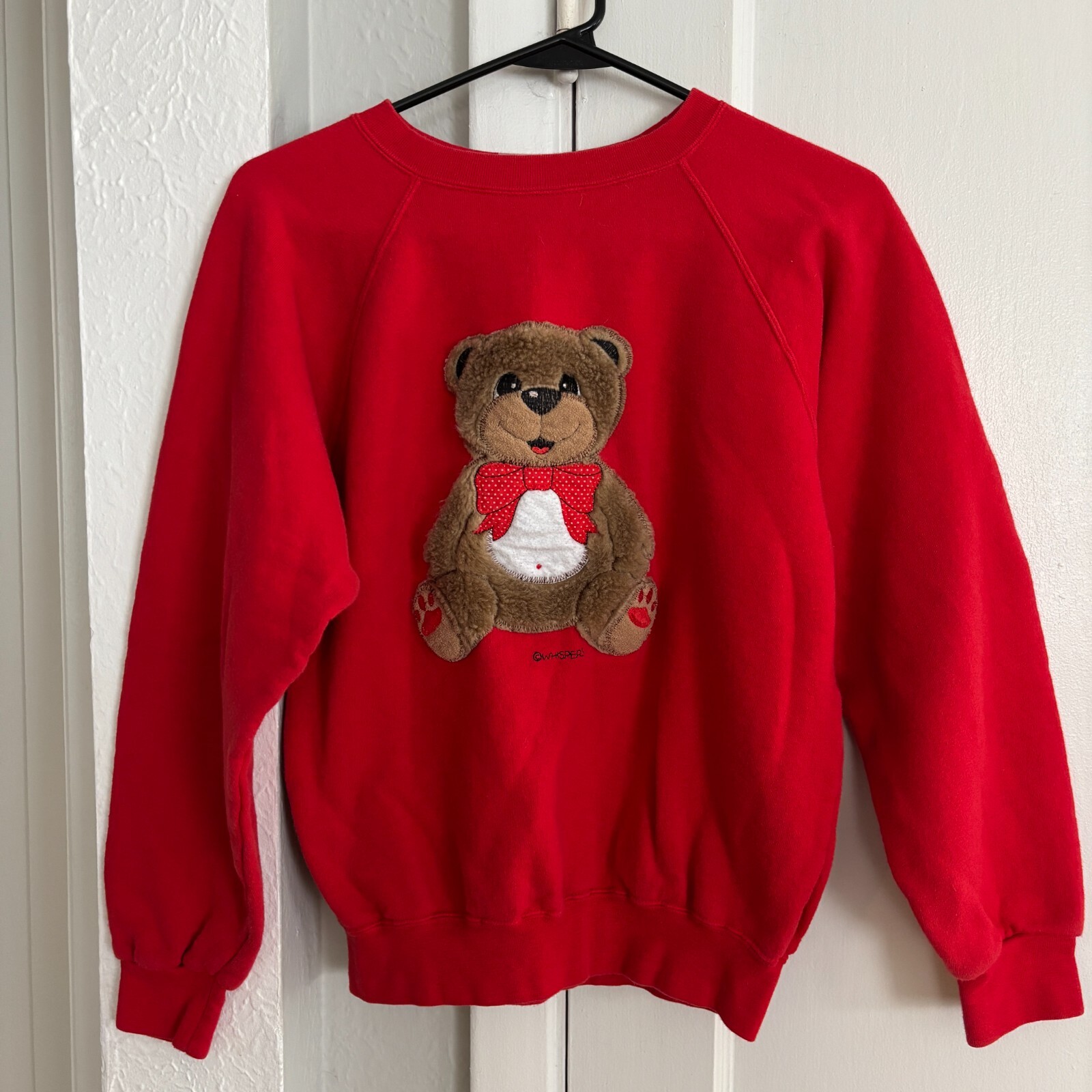 Vintage 90s Whispers Teddy Bear Red Raglan Sweatshirt Fur 3D Applique Womens XS
