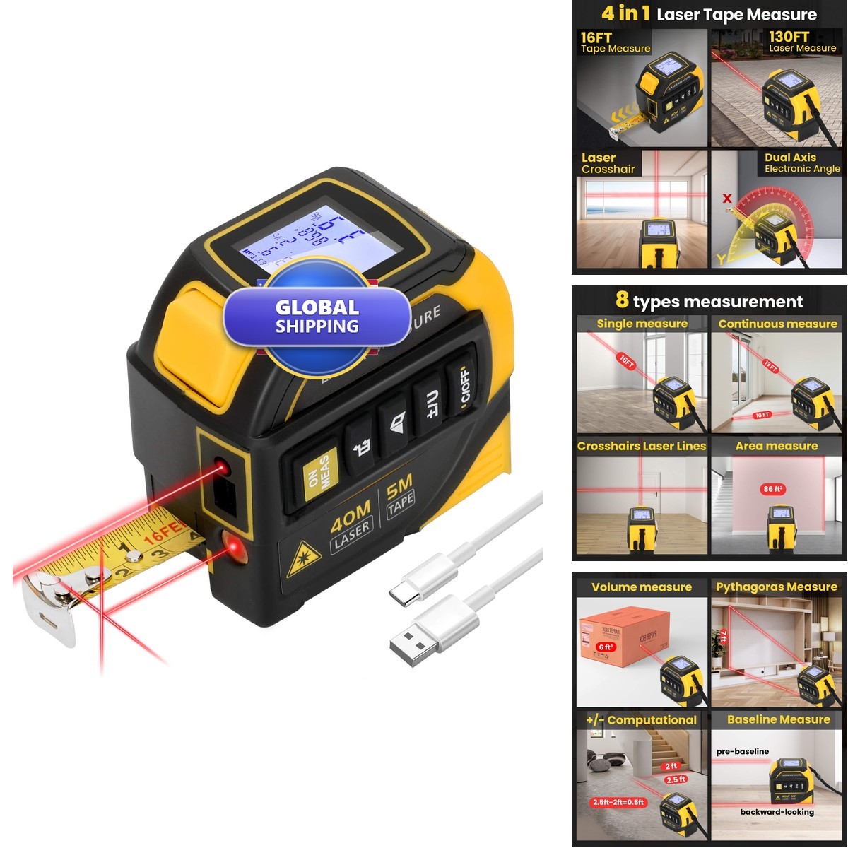 Edovaf 4-in-1 Laser Tape Measure 16FT AutoLock 130FT Laser Level Crosshairs LCD