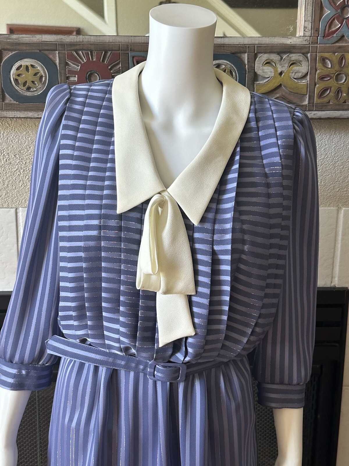 Vtg 80s JSJ Belted Dress Womens Polyester Blue Dynasty Style 34” Bust 28” Waist