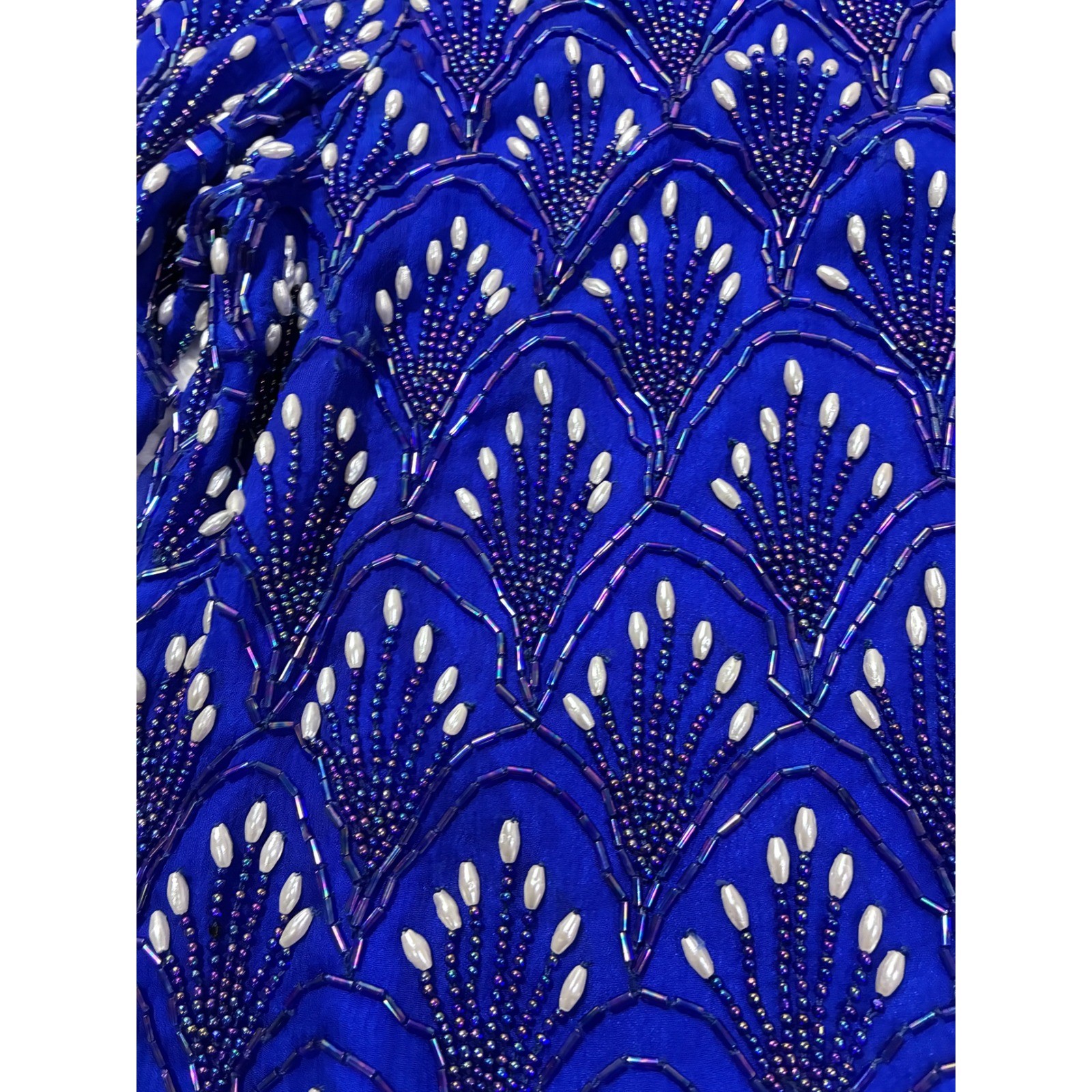Vintage Royal Blue Silk Beaded Blouse Pearl Scallop Evening Top Small Elegant