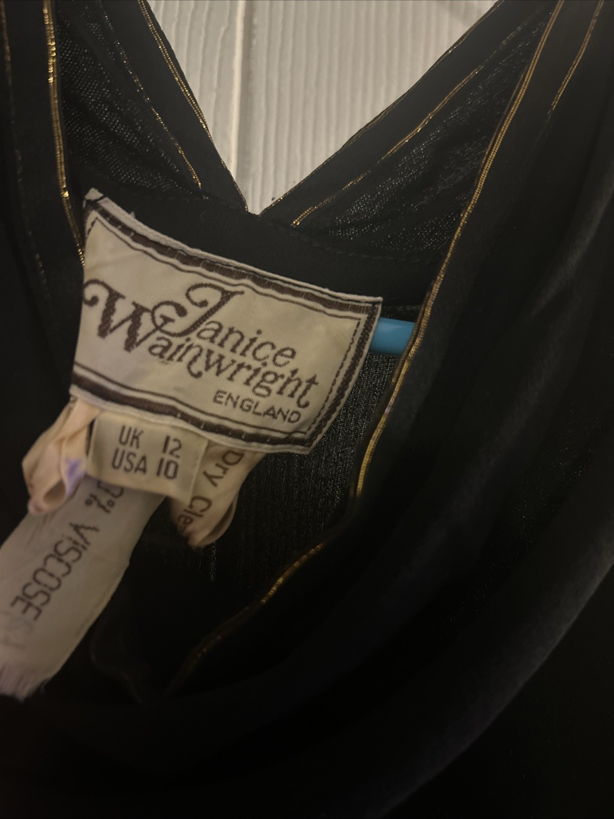 Vintage Janice Wainwright England Black Gold Viscose Dress Mesh US 10 UK 12
