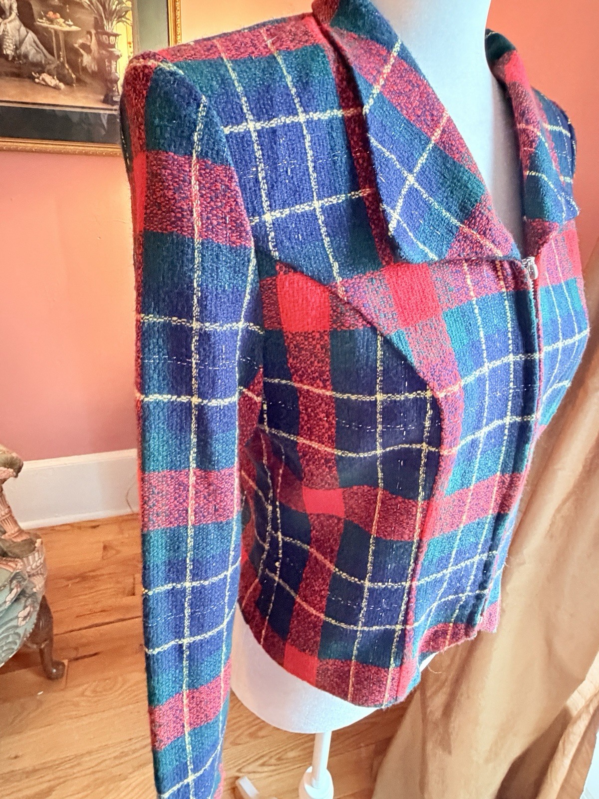 Vintage 90s Plaid Blazer Jacket Fitted Crop Shacket -Bold Bright Zip Up Holiday