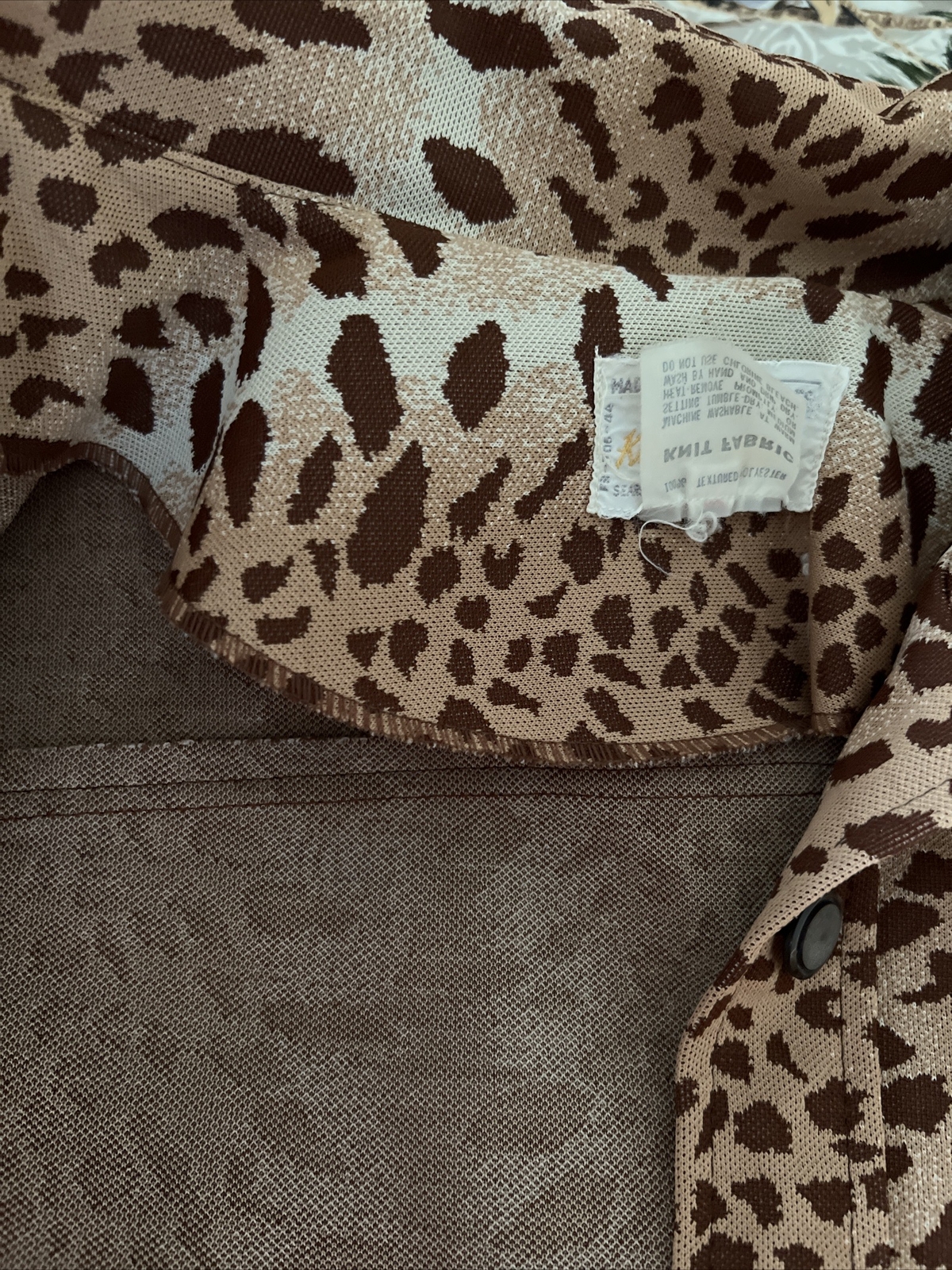 Vintage 1960s Animal Print Knit Top Boutique Brown Cheetah Button Up Sz 14 Sears