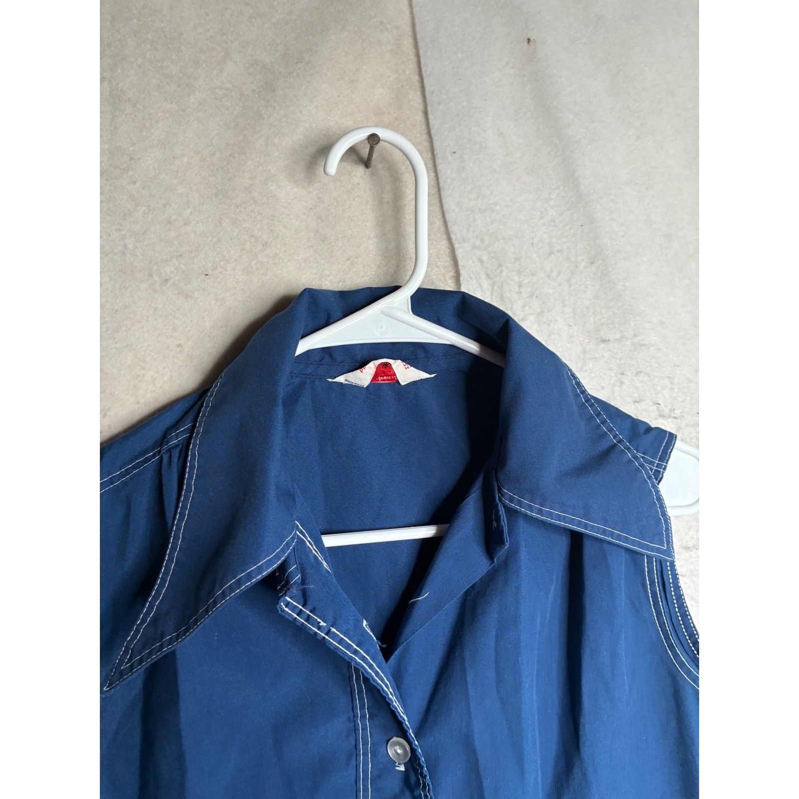 Vintage Navy Blue Sleeveless Button Front Tunic Top Contrast Stitch Pockets 12