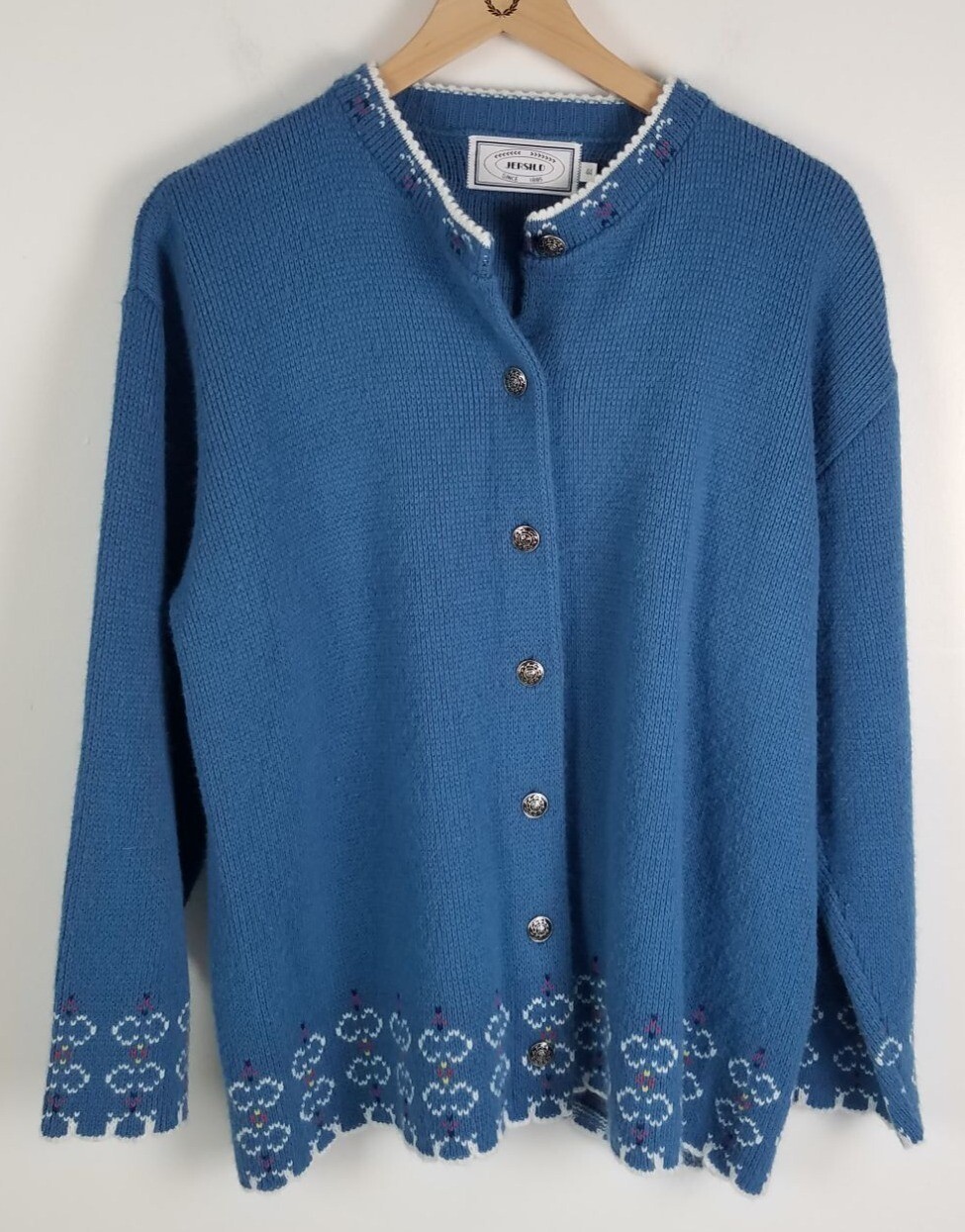 Vintage Jersild Women’s Sz. 44/12 Cardigan Sweater Blue Knit & Scallop Detail