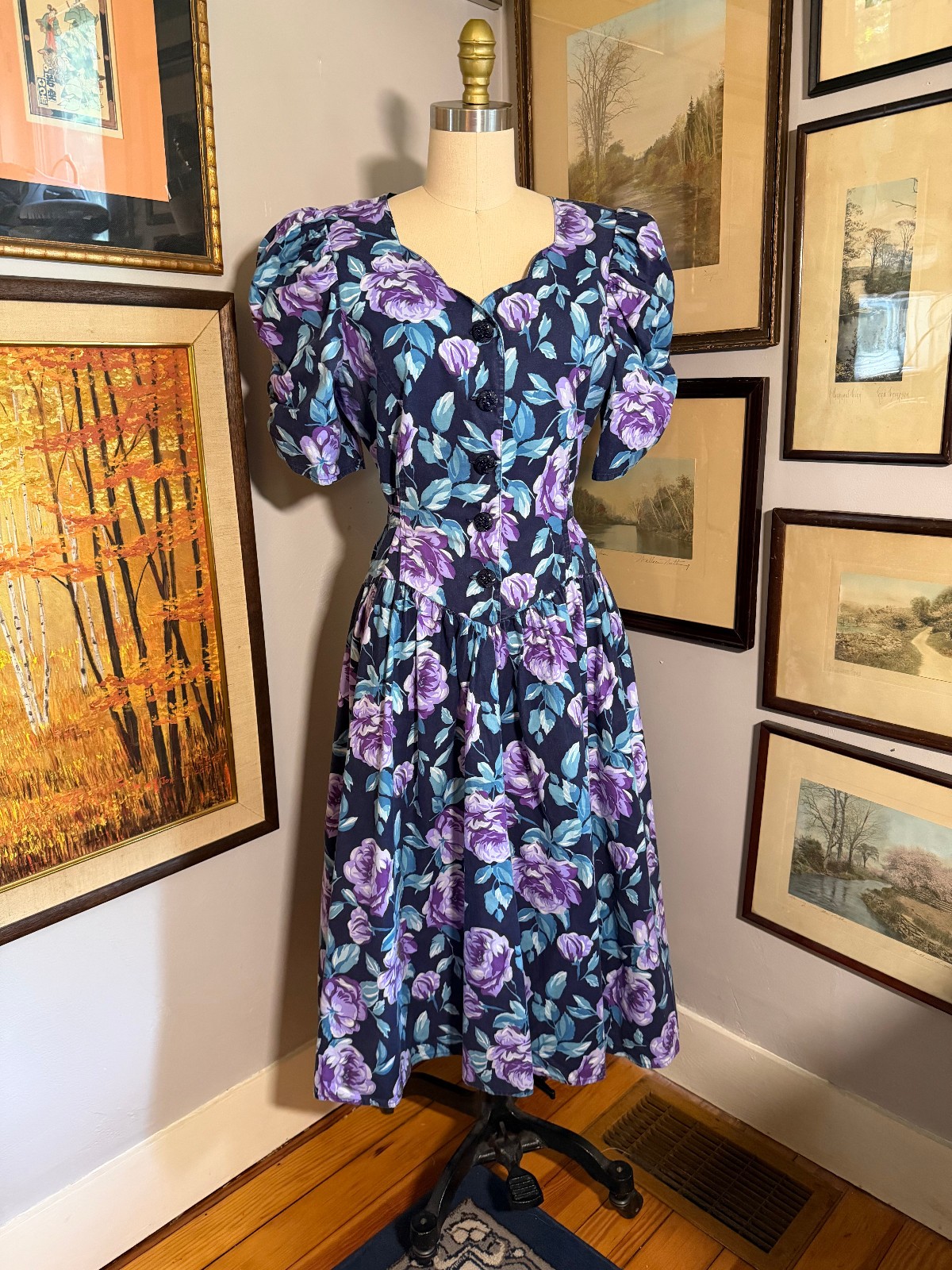 Vintage 80s-90s D.B.Y. navy purple floral basque waist dress US11