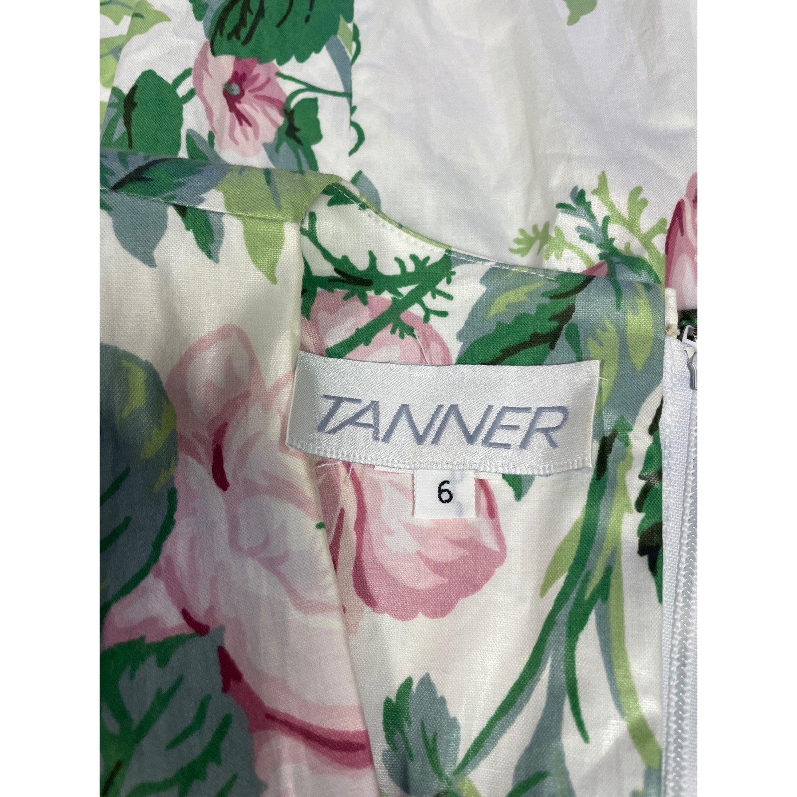 Vintage White Pink Rose Floral Fit Flare Dress Short Sleeve Cottage Romantic 6