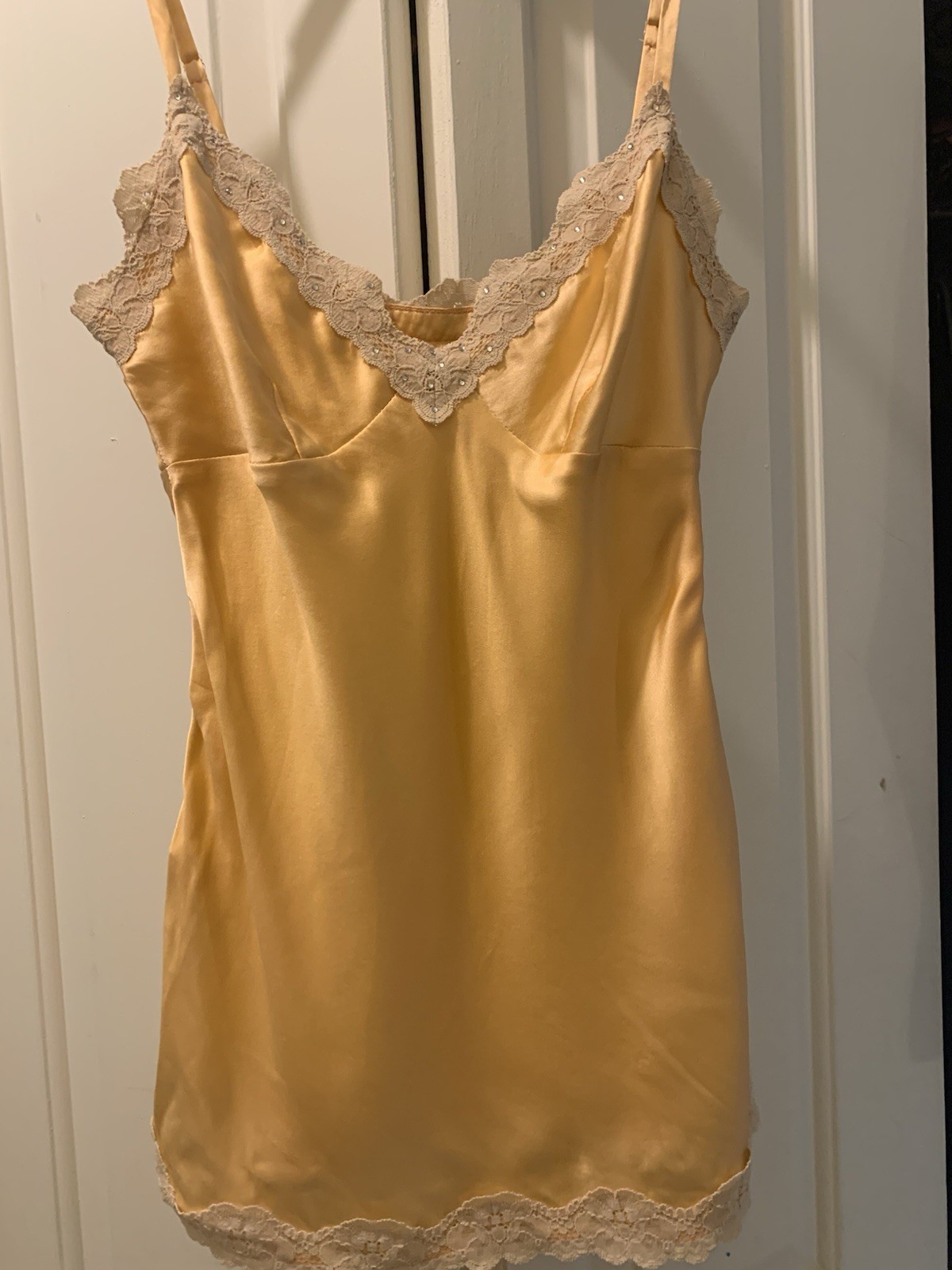 LAUNY by SHELLI Women’s Gold Satin Slip, Lace Trim Lingerie cami