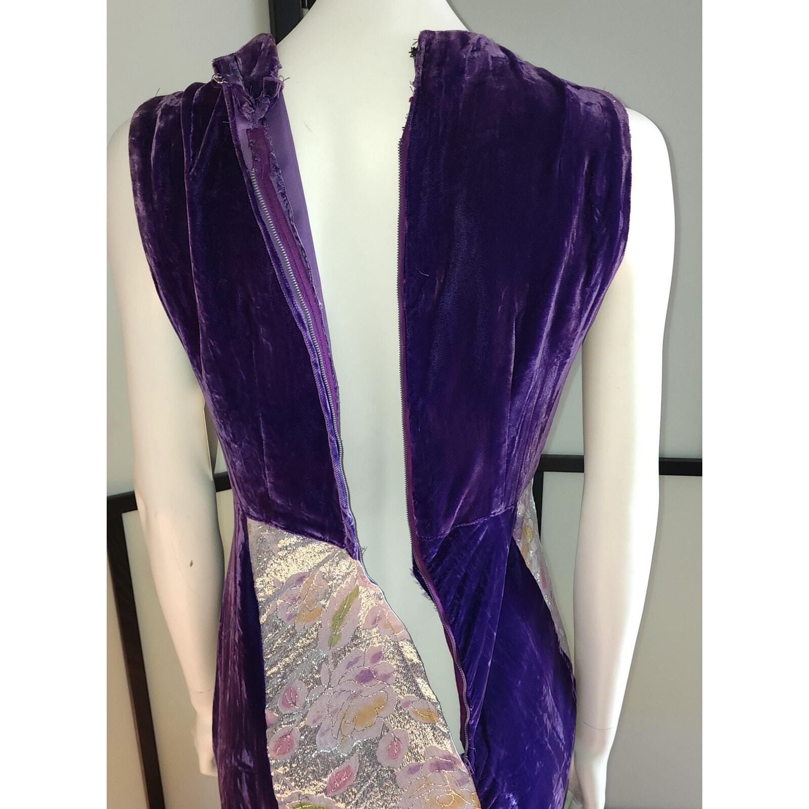 Vtg 60s Long Purple Velvet Gown Silver Metallic Insets Bias Skirt New Orleans S