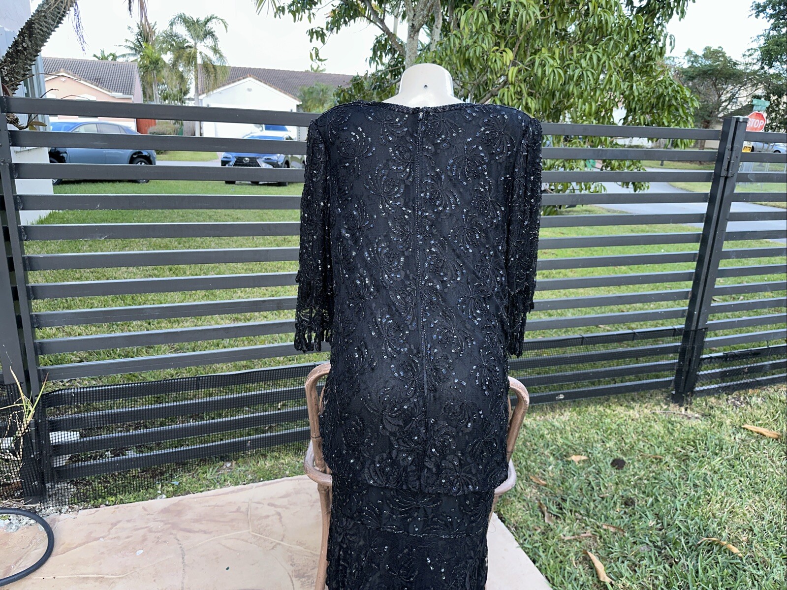 VTG JUDITH ANN CREATIONS BLACK SILK HEAVELY BEADED ASYMMETRIC HEM DRESS Sz XL
