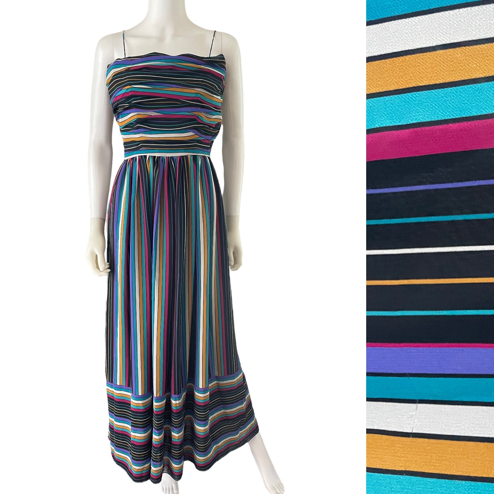 Vintage 70s 80s Bill Blass Dress, S/M Rainbow Striped Maxi