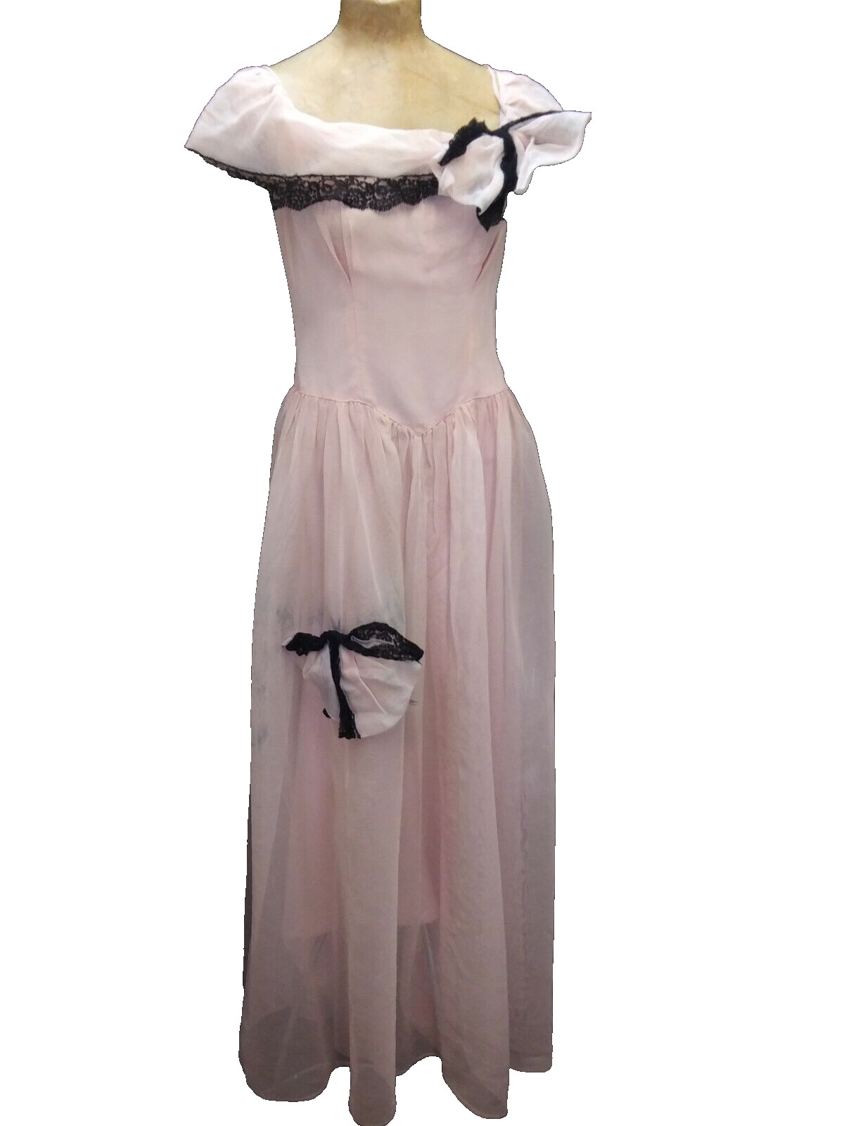 1950’s Pink Fine Mesh Acetate Black Lace Evening Gown by Beautime Medium As Is