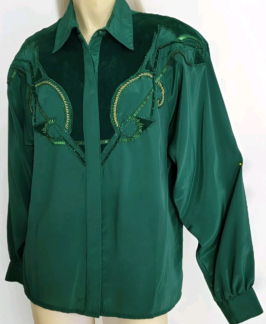 VTG Western Cowgirl Rodeo Baroque Sequin Suede Beaded Embroidery Blouse Green M