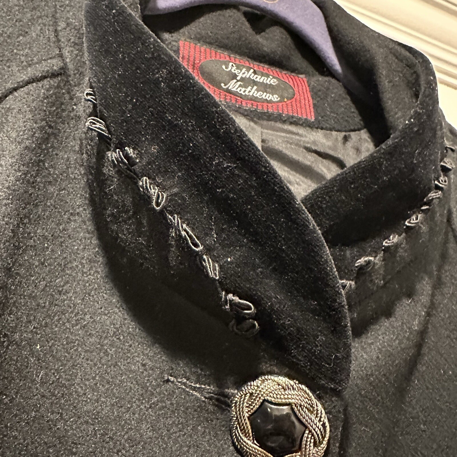 Stephanie Mathews Vintage Black 100% Wool Swing Coat Velvet Trim Made in USA