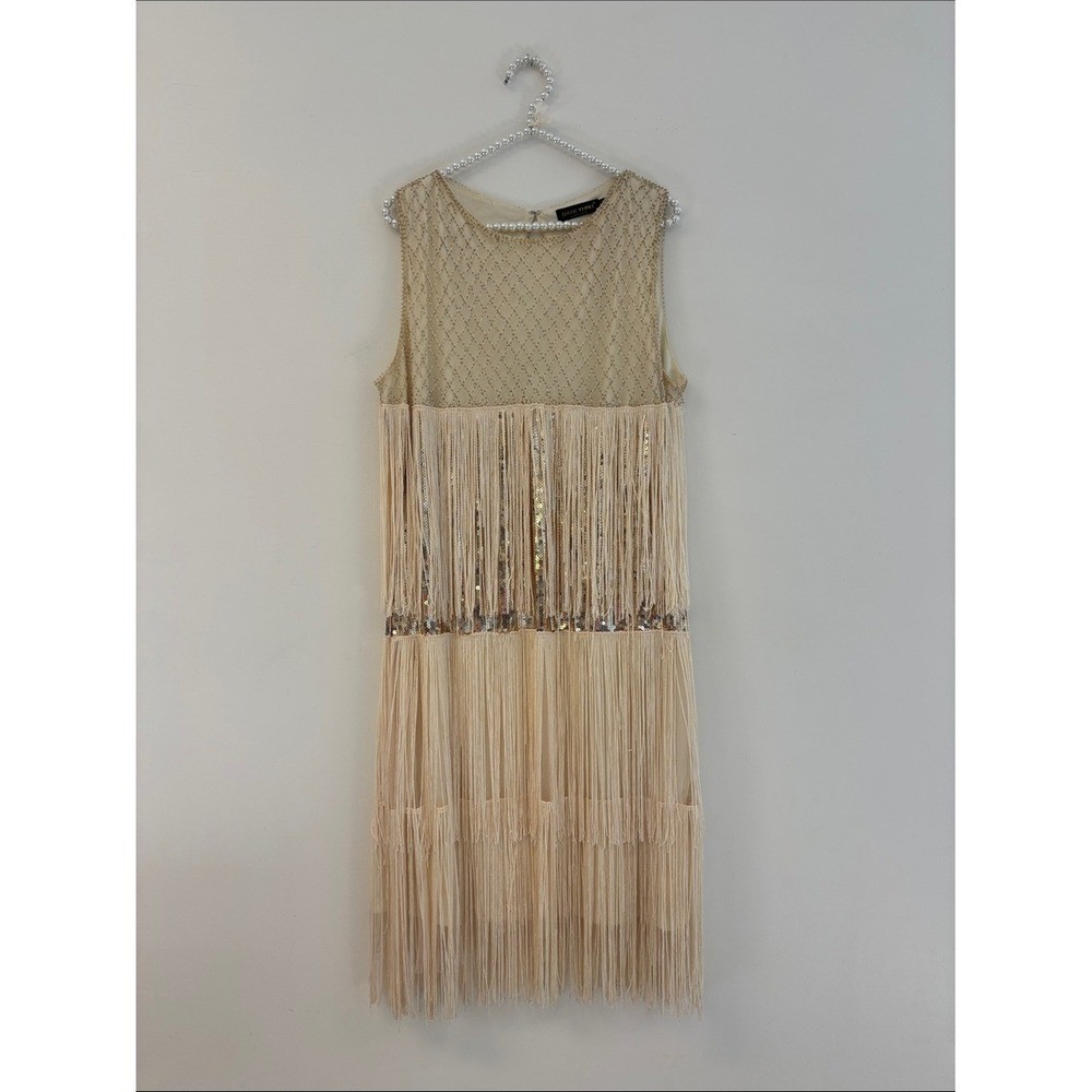 Babeyond Beige Gold Sequin Fringe Flapper Dress 1920s Gatsby Costume XXXL