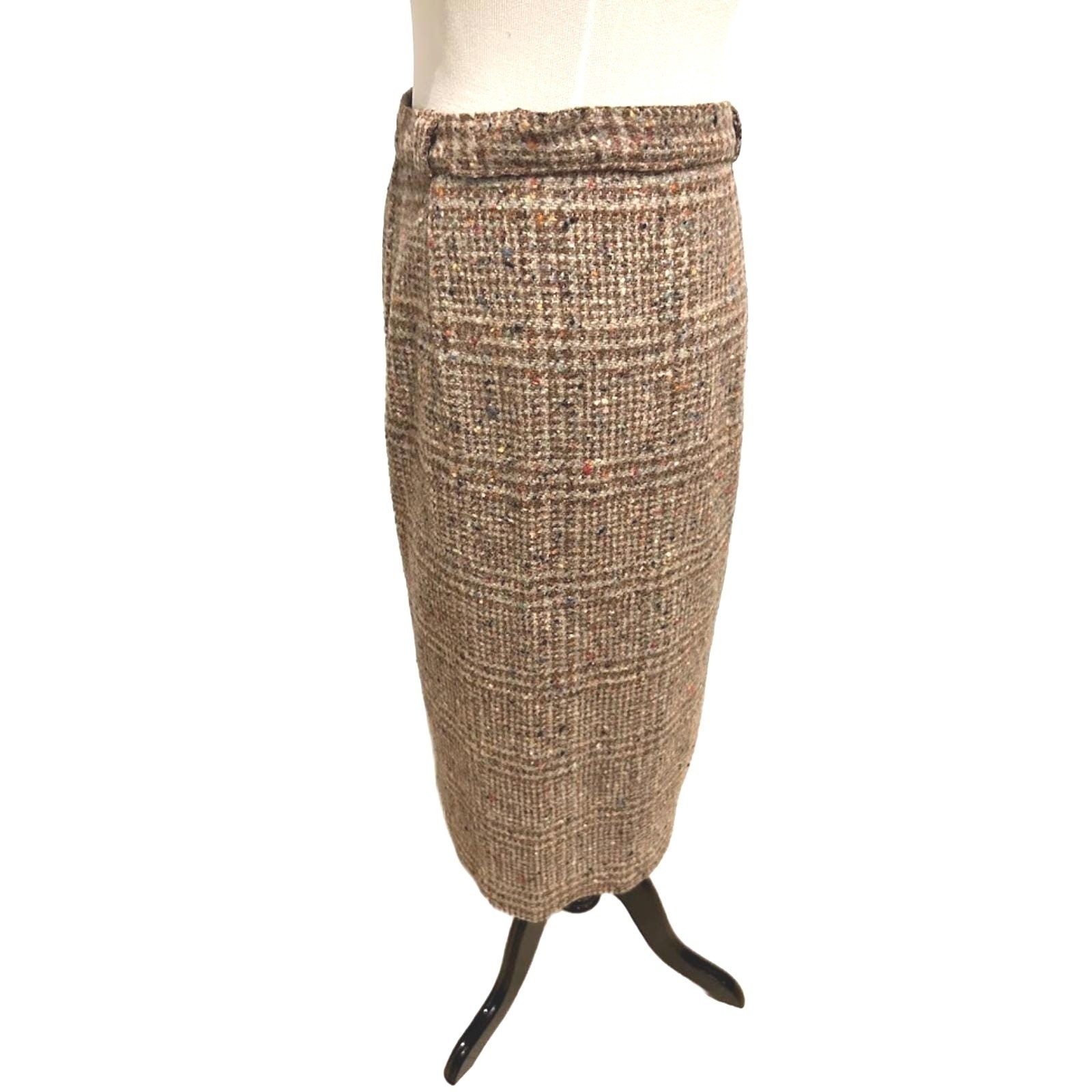 70’s Vintage Brown Tweed Glen Plaid Pencil Skirt Multi Color Confetti Fleck Midi