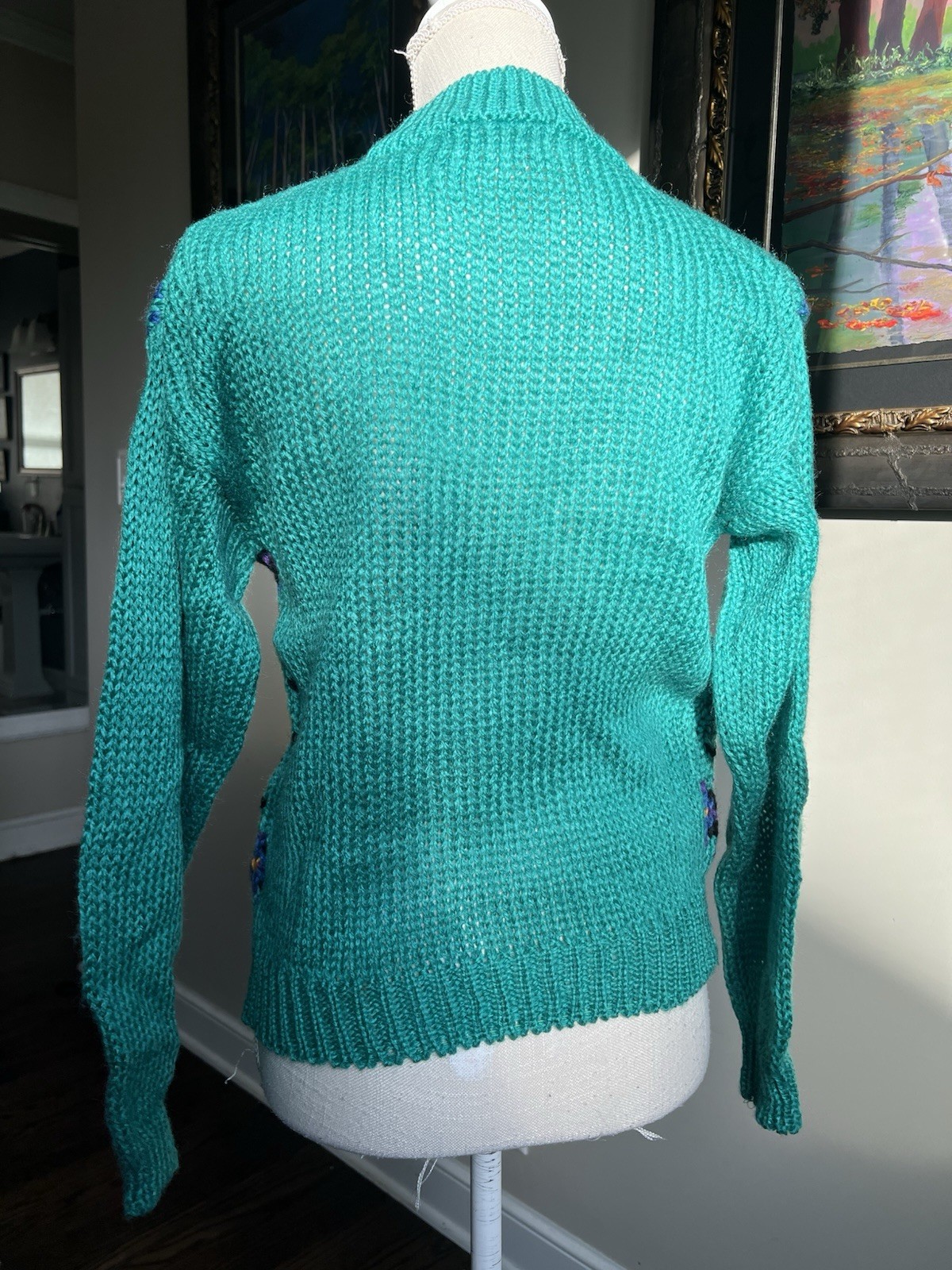Vintage 1980s/90s JJ Fargo Hand-Knit Wool Sweater – Turquoise & Geometric Size M