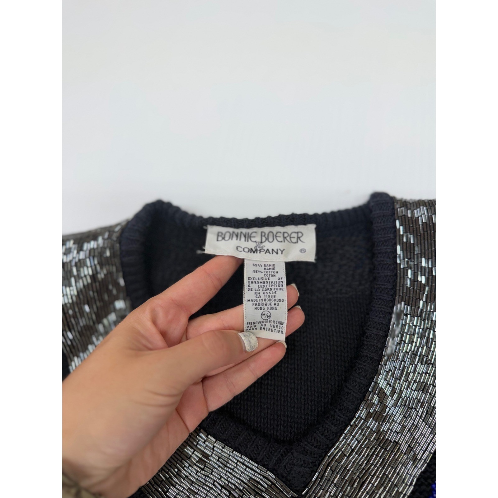 VTG Bonnie Boerer Sweater Black Beaded Sequin Bow Floral Ramie Cotton Womens M
